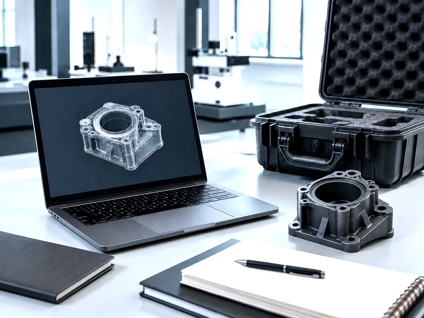 Buyer support conversation in a modern industrial office with project files and plastic part samples