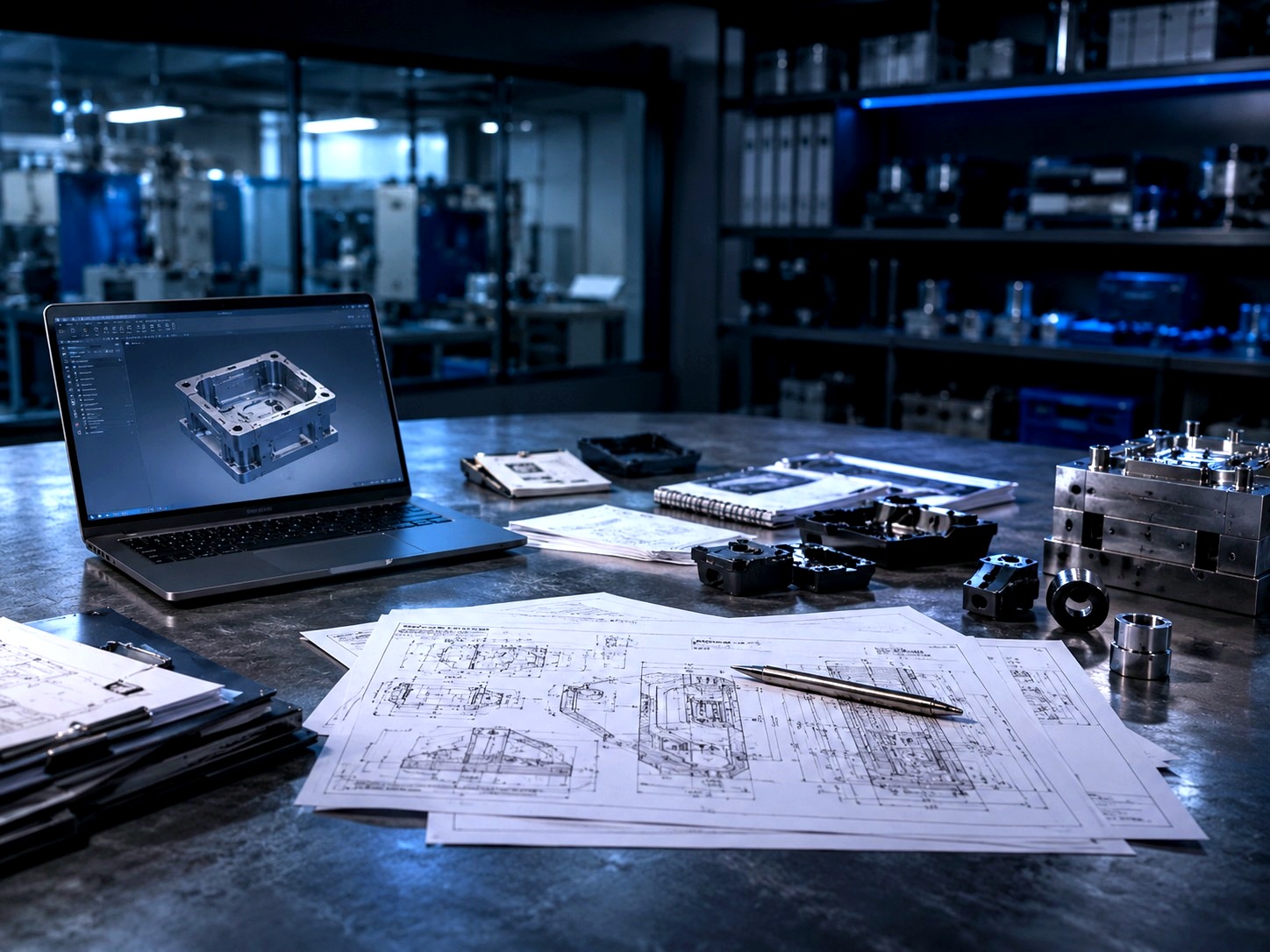Clean engineering review table with injection moulded parts, tooling samples, CAD context, and project documents