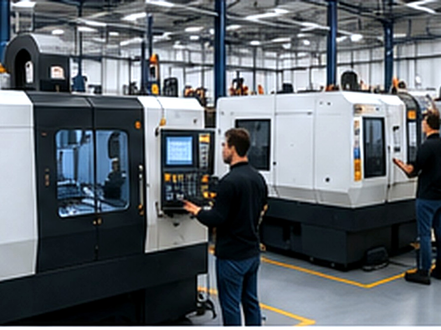 Bright modern industrial corridor and production-adjacent workspace with tooling and plastic part samples