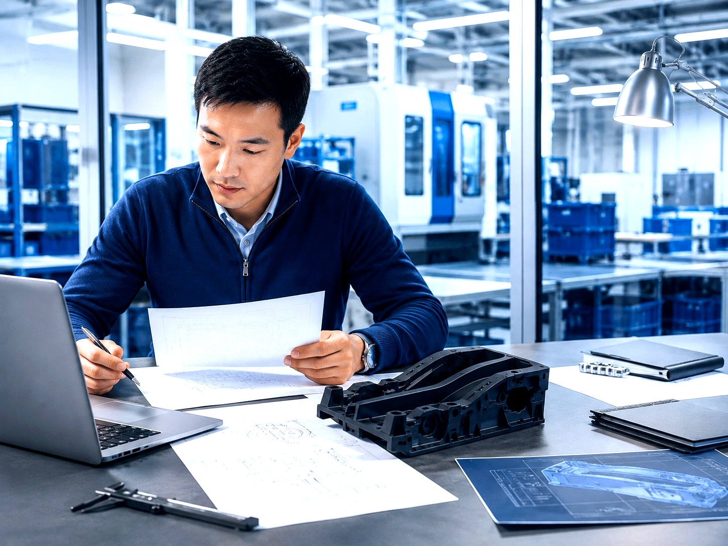 Manufacturing partner routing conversation in a professional industrial office without implying direct factory ownership