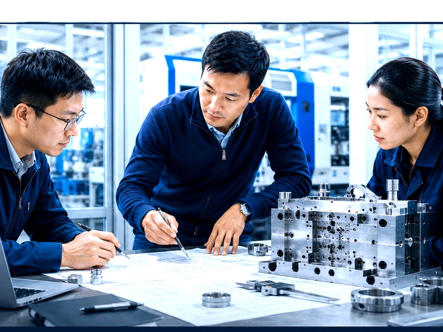North American project intake meeting with engineering drawings and moulded plastic samples