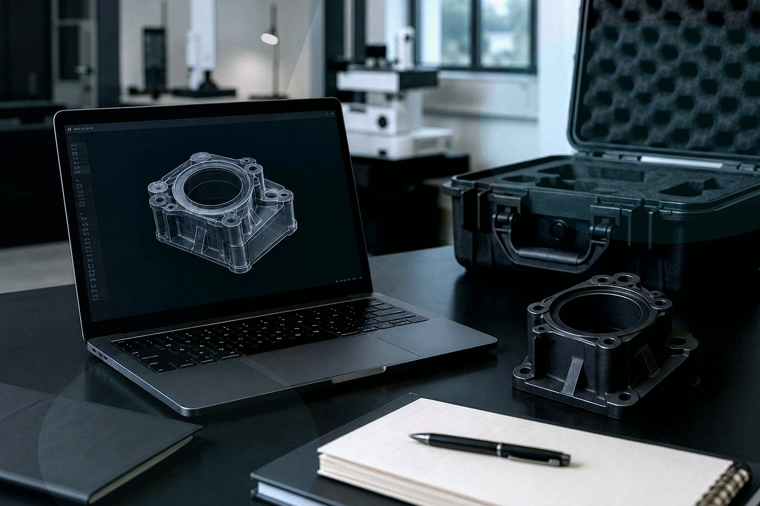 Secure intake desk with project drawings, CAD file review, and injection moulded sample parts