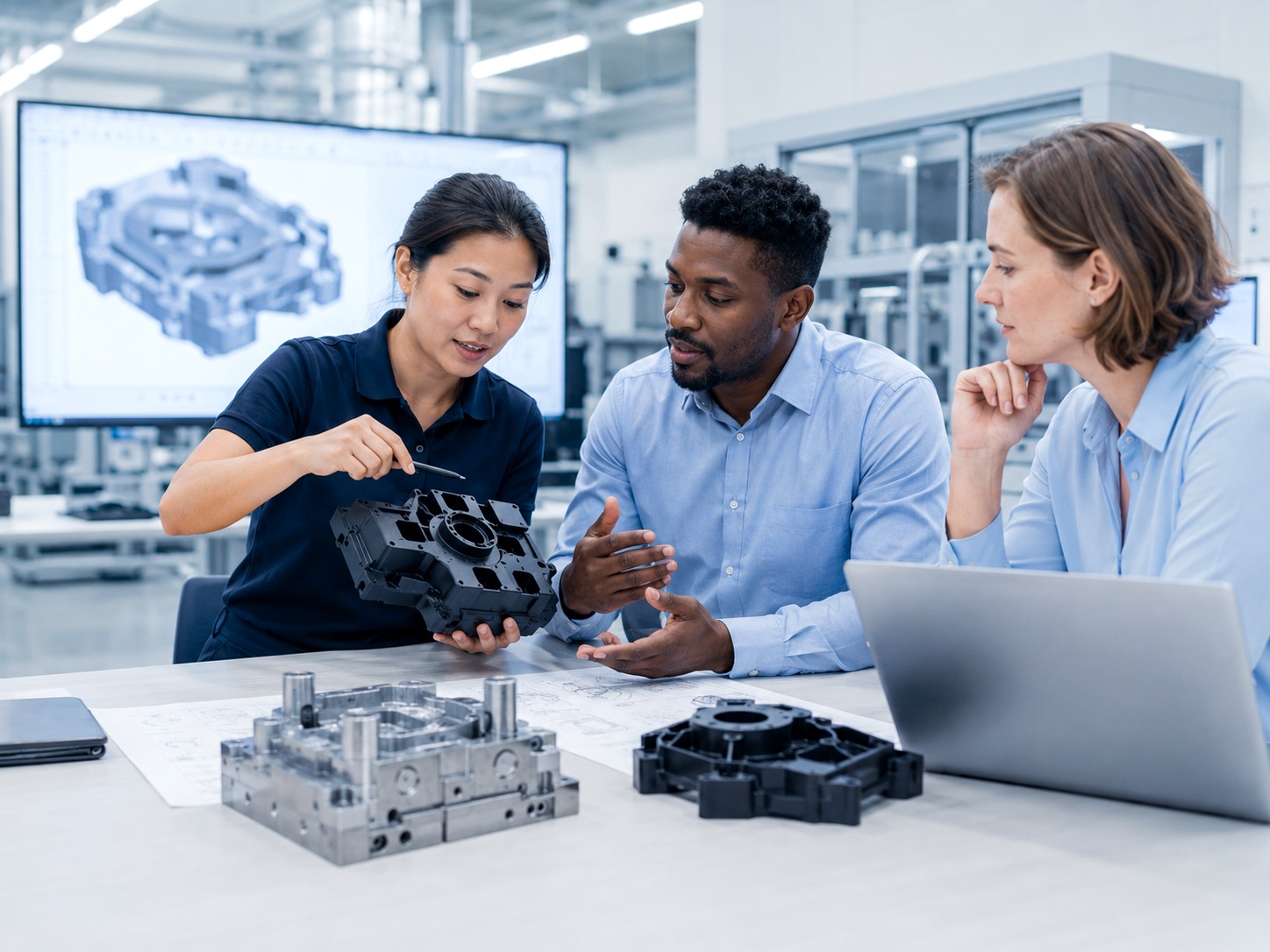 Multi-racial engineering team reviewing CAD model, molded part sample, and tooling details