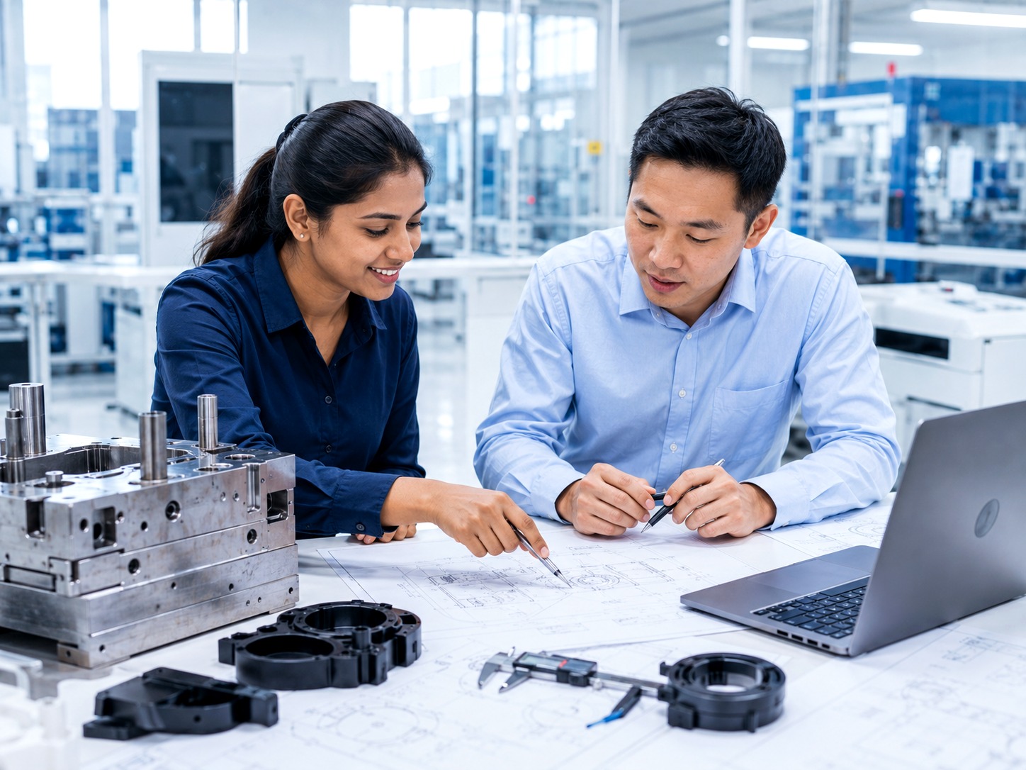 Diverse engineering review session with moulded part, drawings, and CAD context