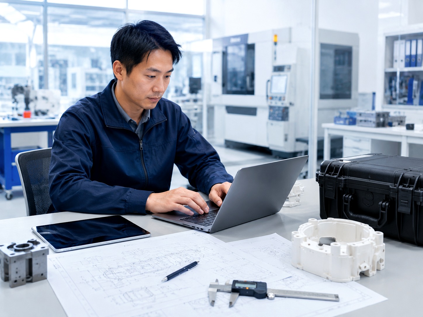 Asian project reviewer assessing drawings, CAD information, and moulded part details in a bright engineering workspace