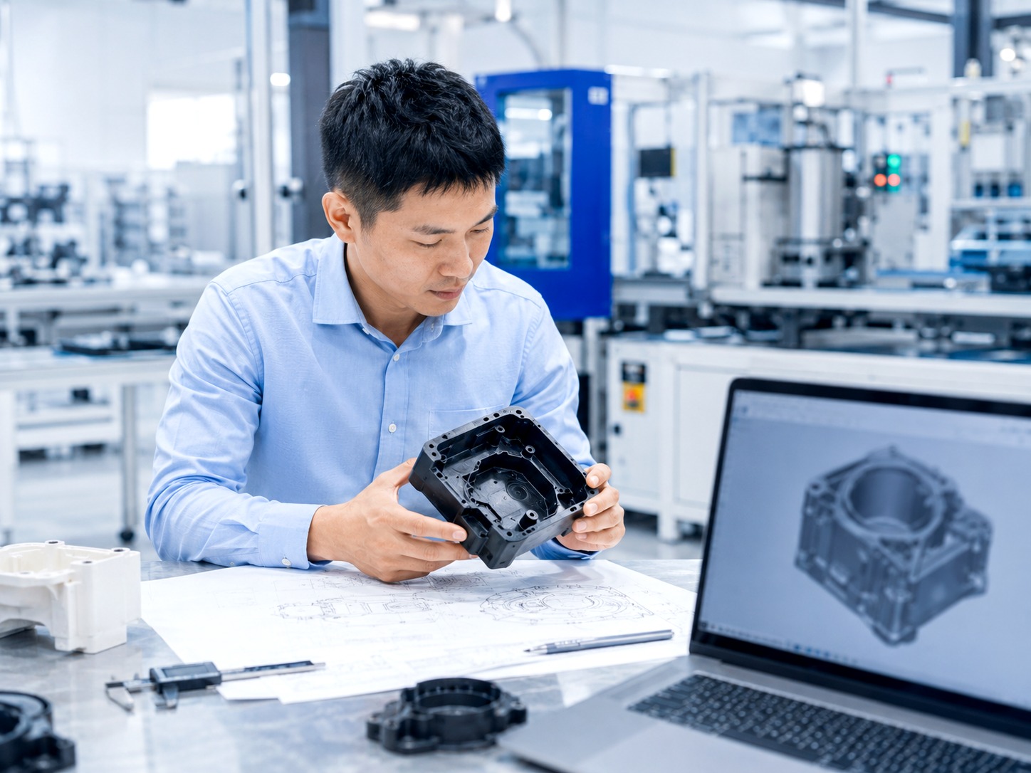 Asian engineer inspecting moulded part details with CAD review context in a bright modern lab
