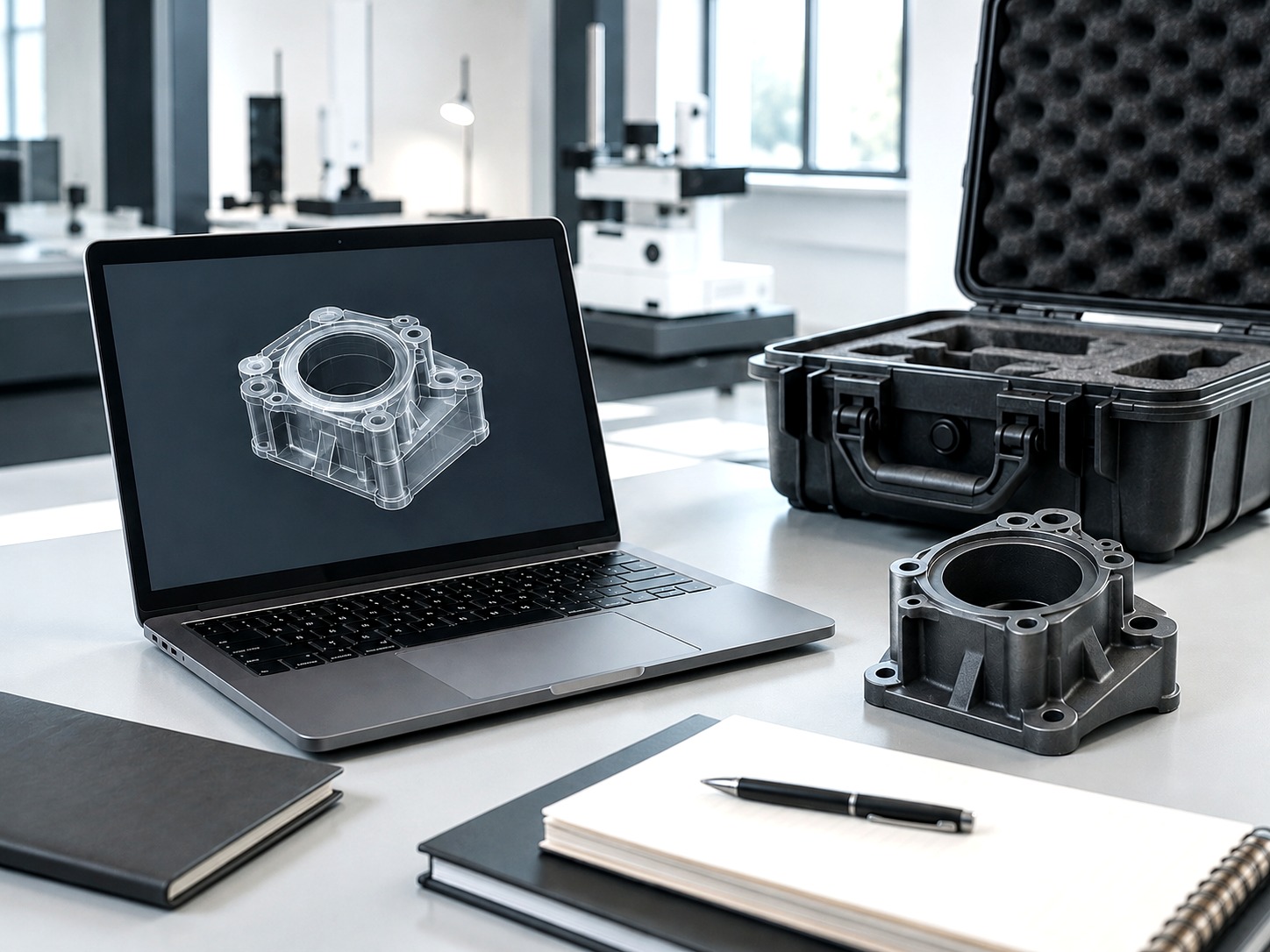CAD workstation and moulded part sample prepared for injection mould review