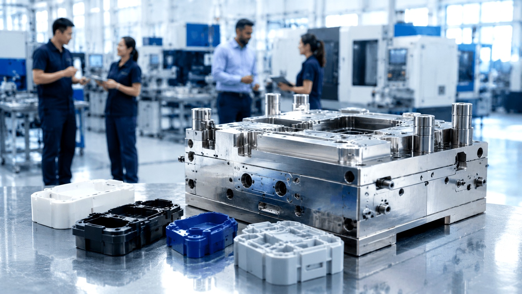 Bright mould tooling and plastic parts with multi-racial manufacturing team in the background