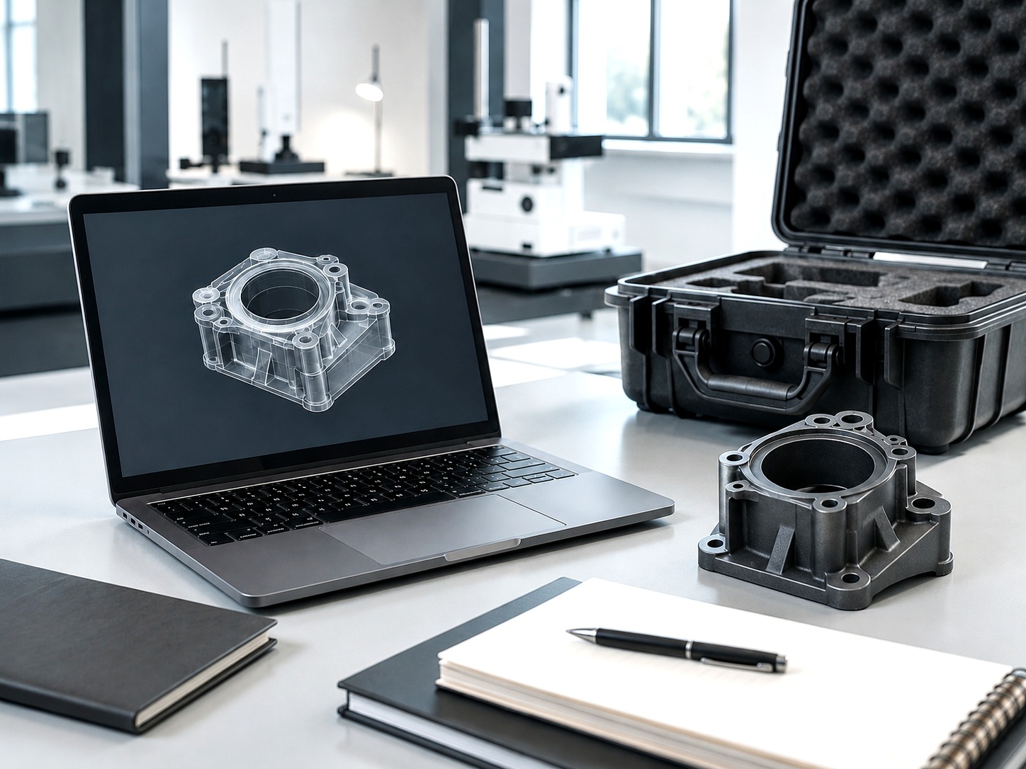 CAD workstation with moulded part sample and design review context for injection moulding DFM