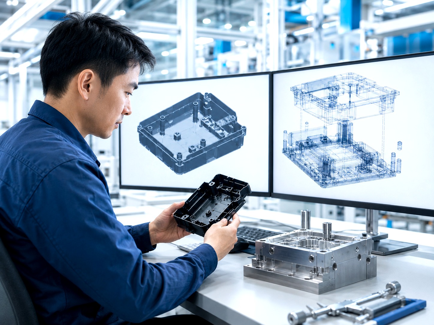 Engineer measuring part and tooling details for wall thickness and draft review