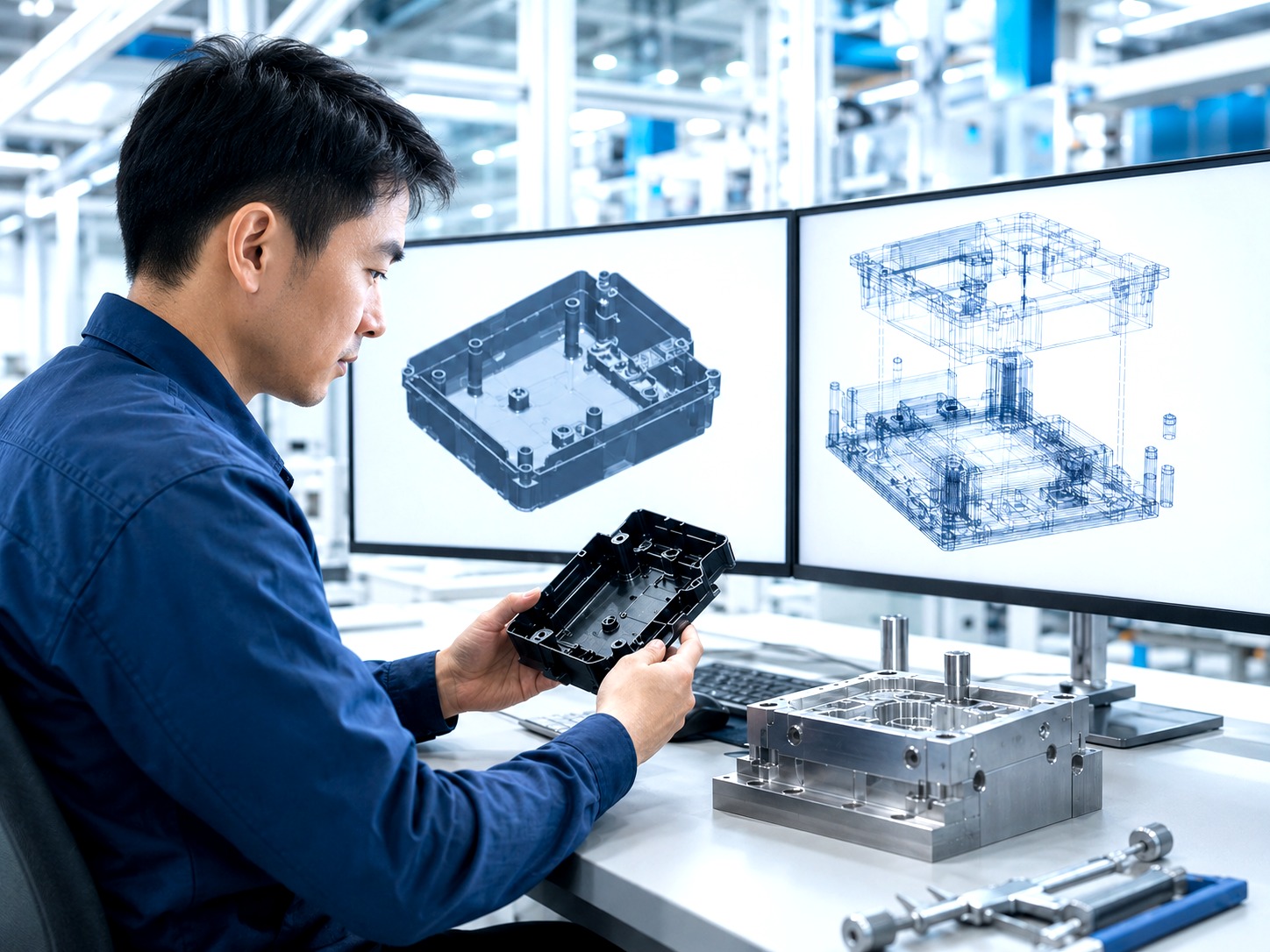 Engineer comparing molded part sample with technical review information