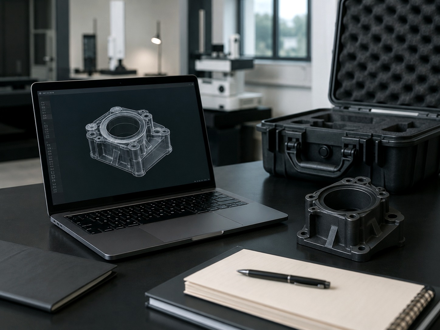 CAD model, molded part sample, and drawings prepared for secure upload review
