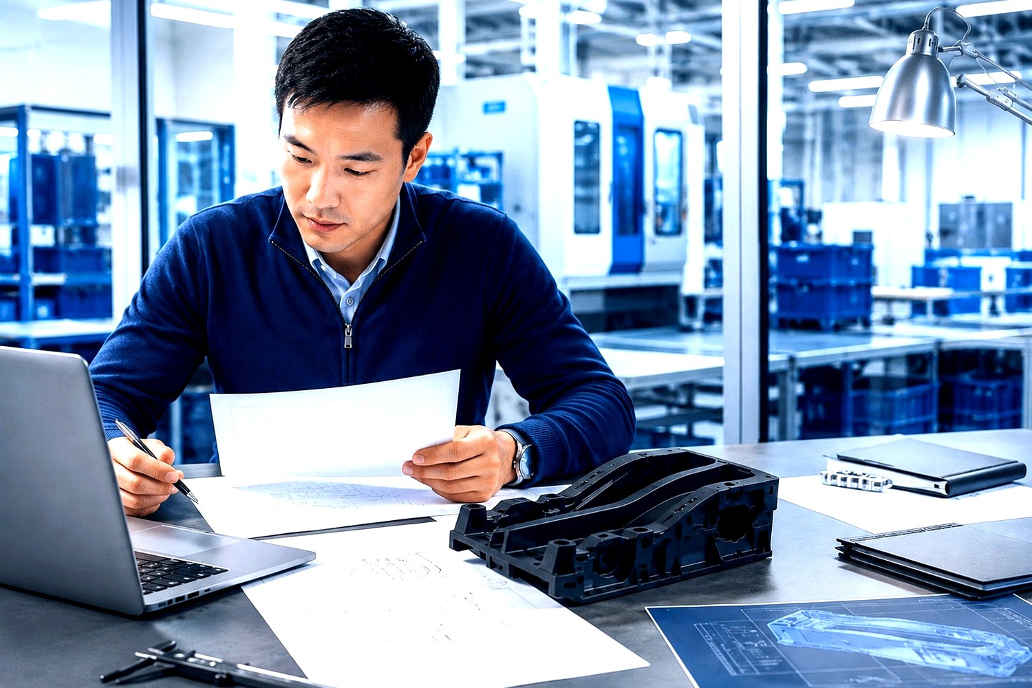 Professional project-routing conversation in a modern industrial office