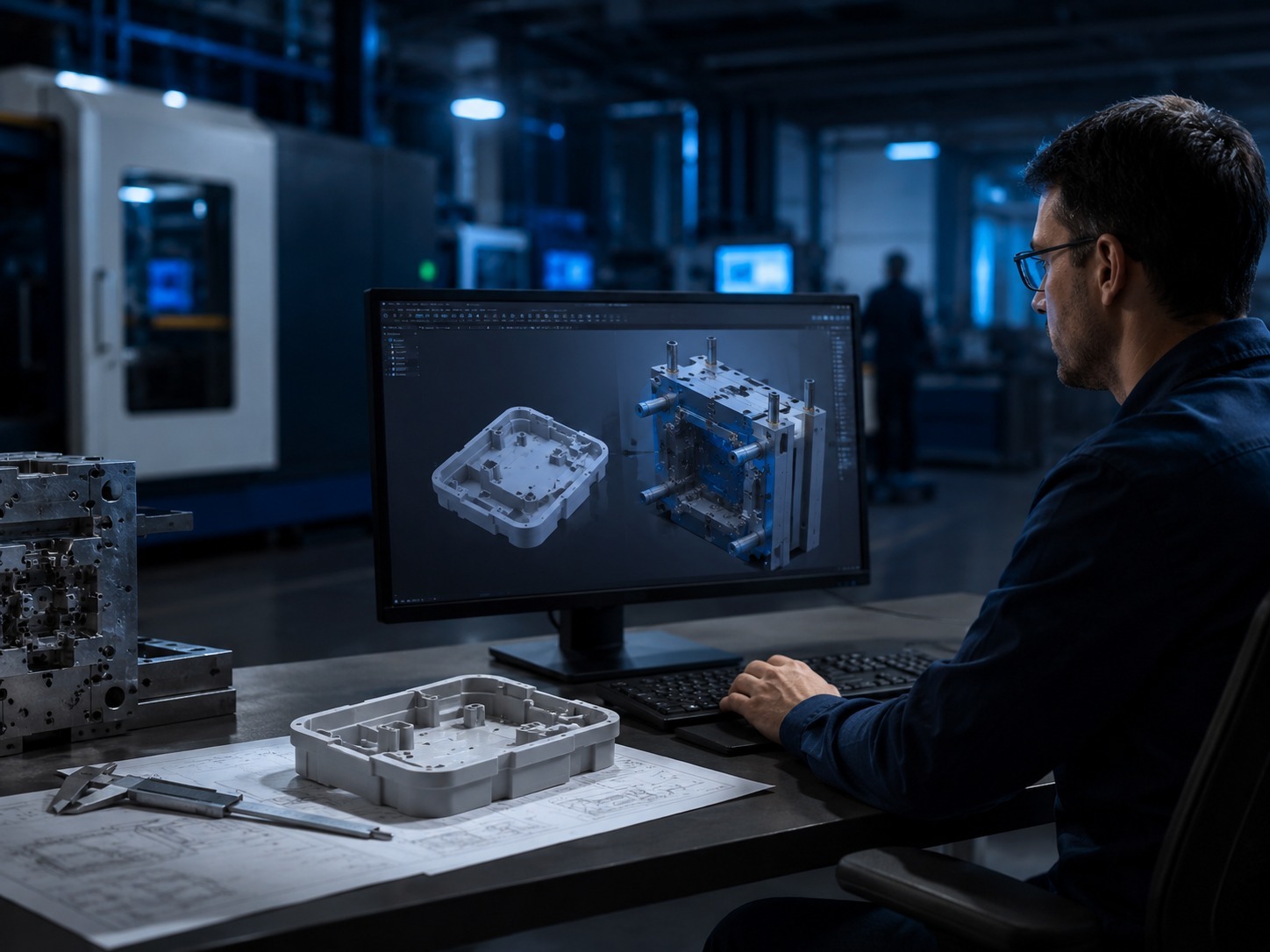 Engineering workstation showing CAD review for mould and plastic part manufacturability