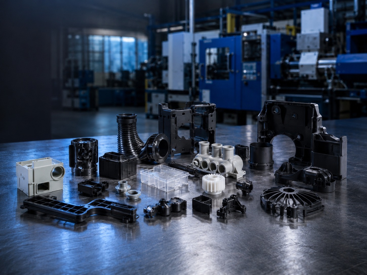 Assorted precision plastic injection moulded parts arranged on an industrial workbench