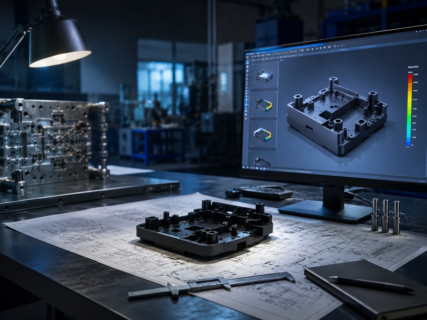 Manufacturability review workstation with CAD model, drawings, and plastic part sample