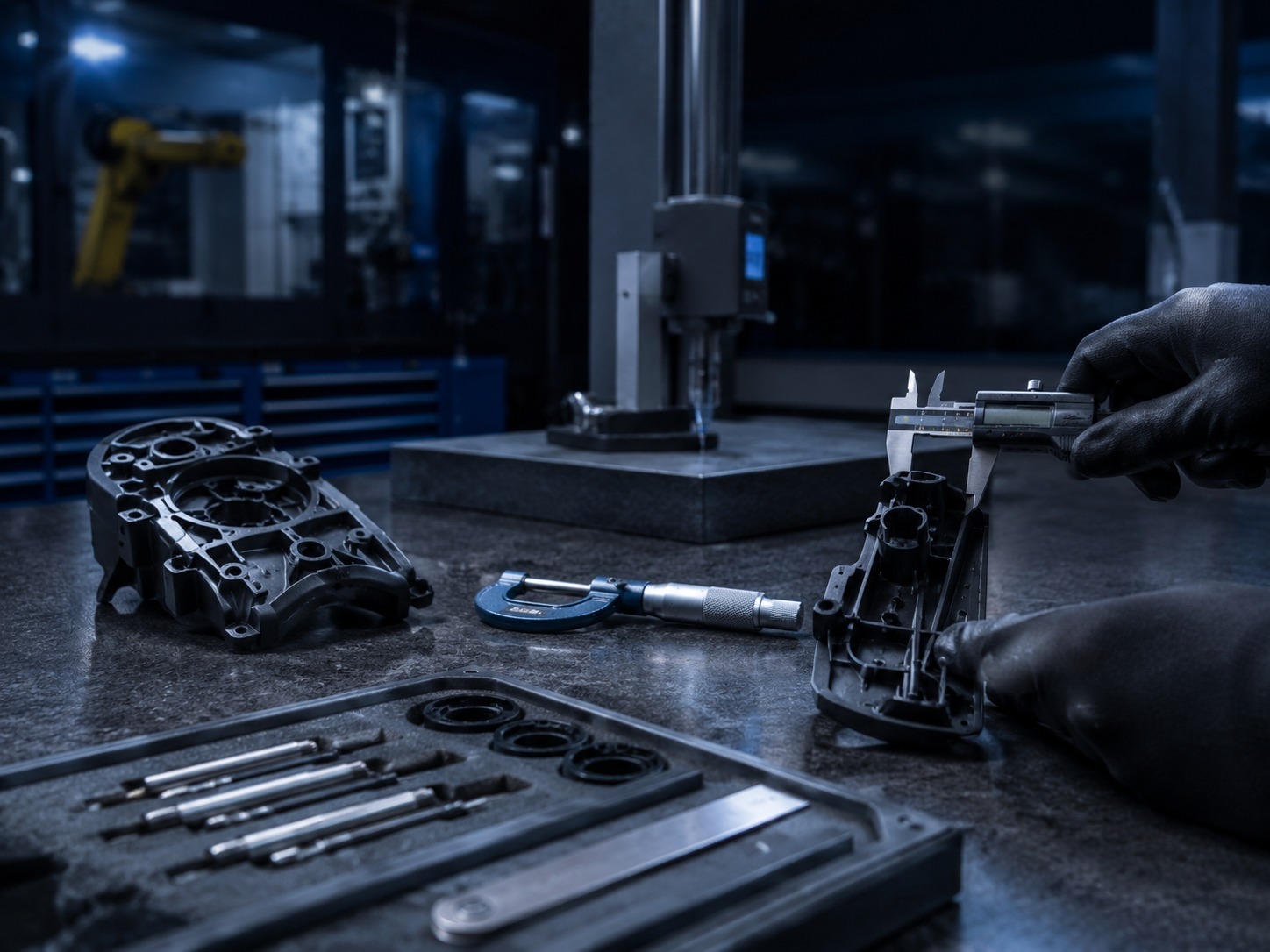 Quality control inspection bench with molded parts and precision measuring tools