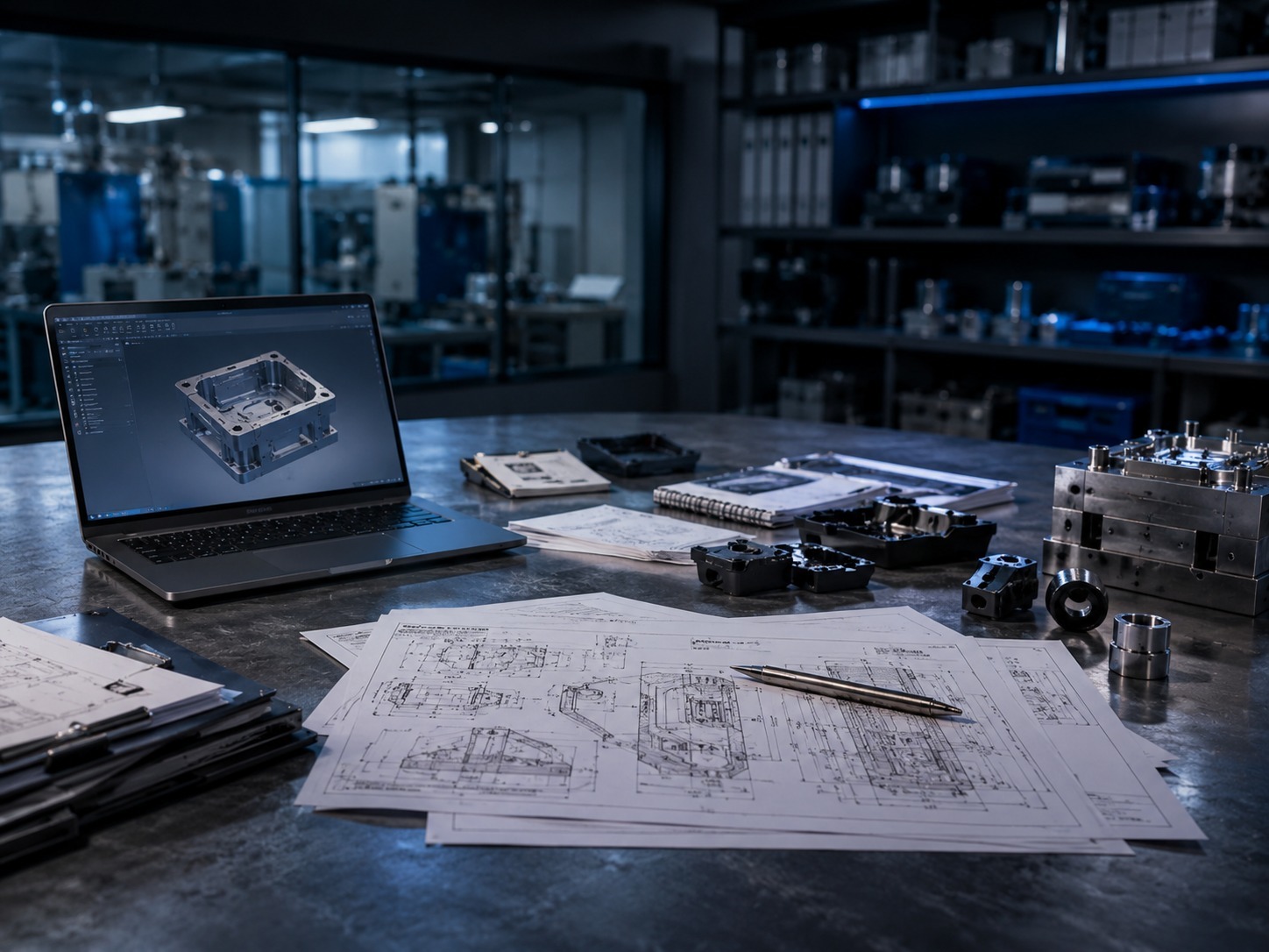 RFQ preparation workbench with engineering drawings, CAD review, and organized part samples