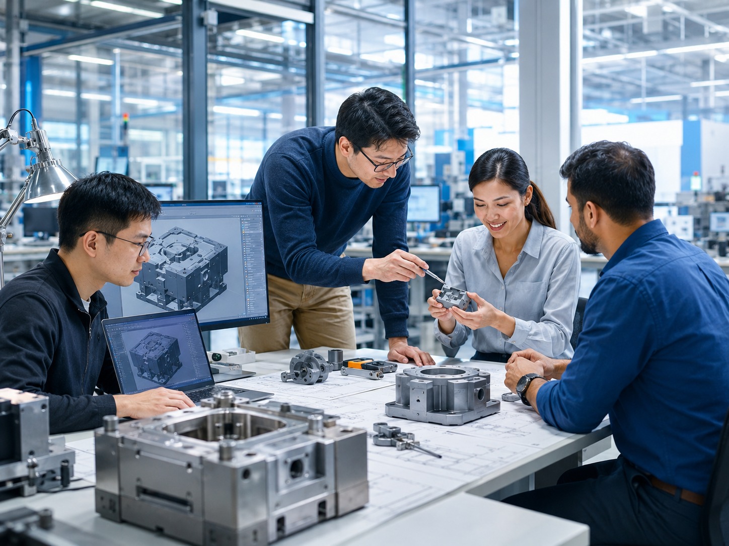 Diverse engineering team reviewing drawings and molded part samples together