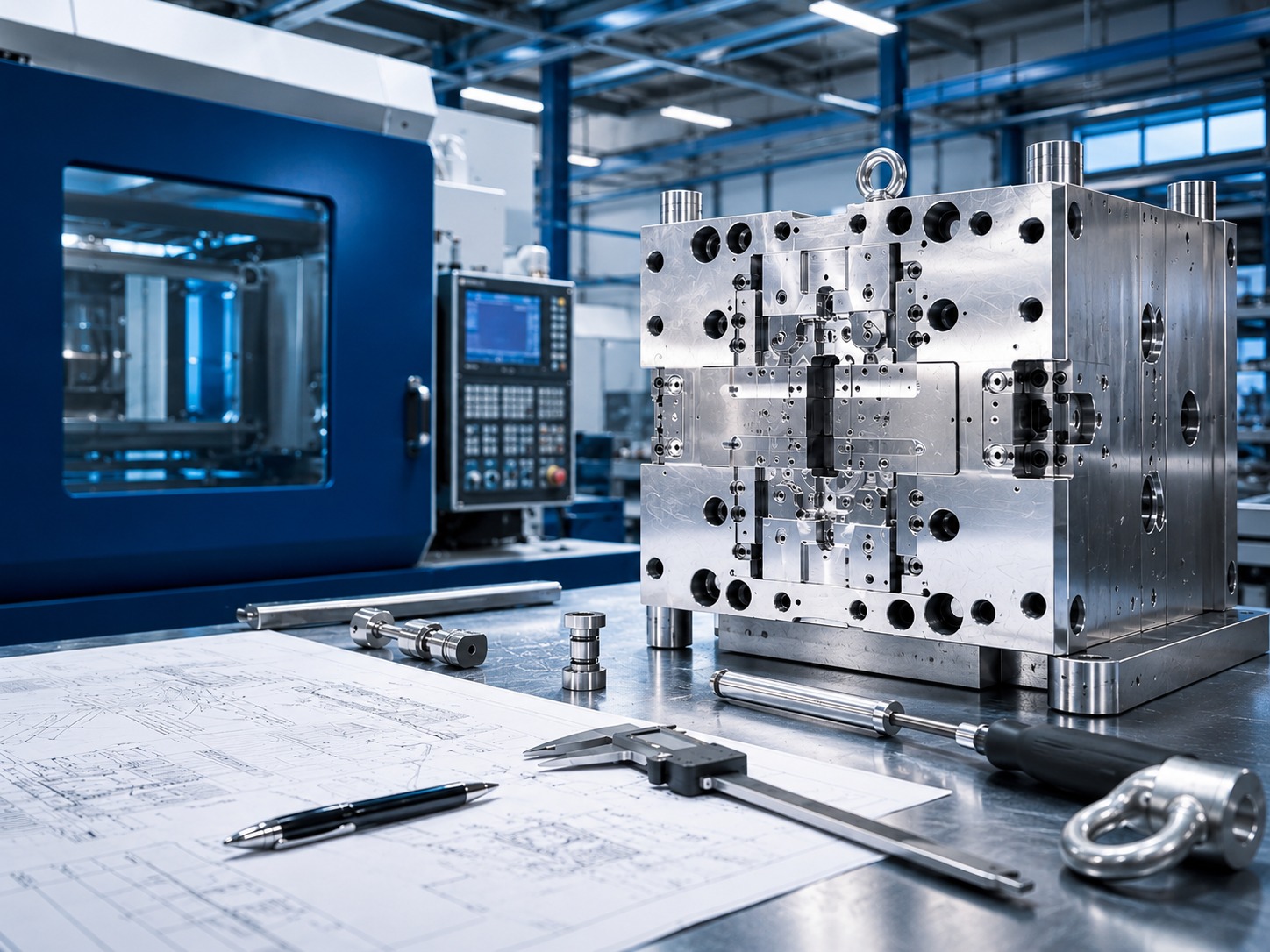 Bright precision steel injection mould on a clean industrial workbench with drawings