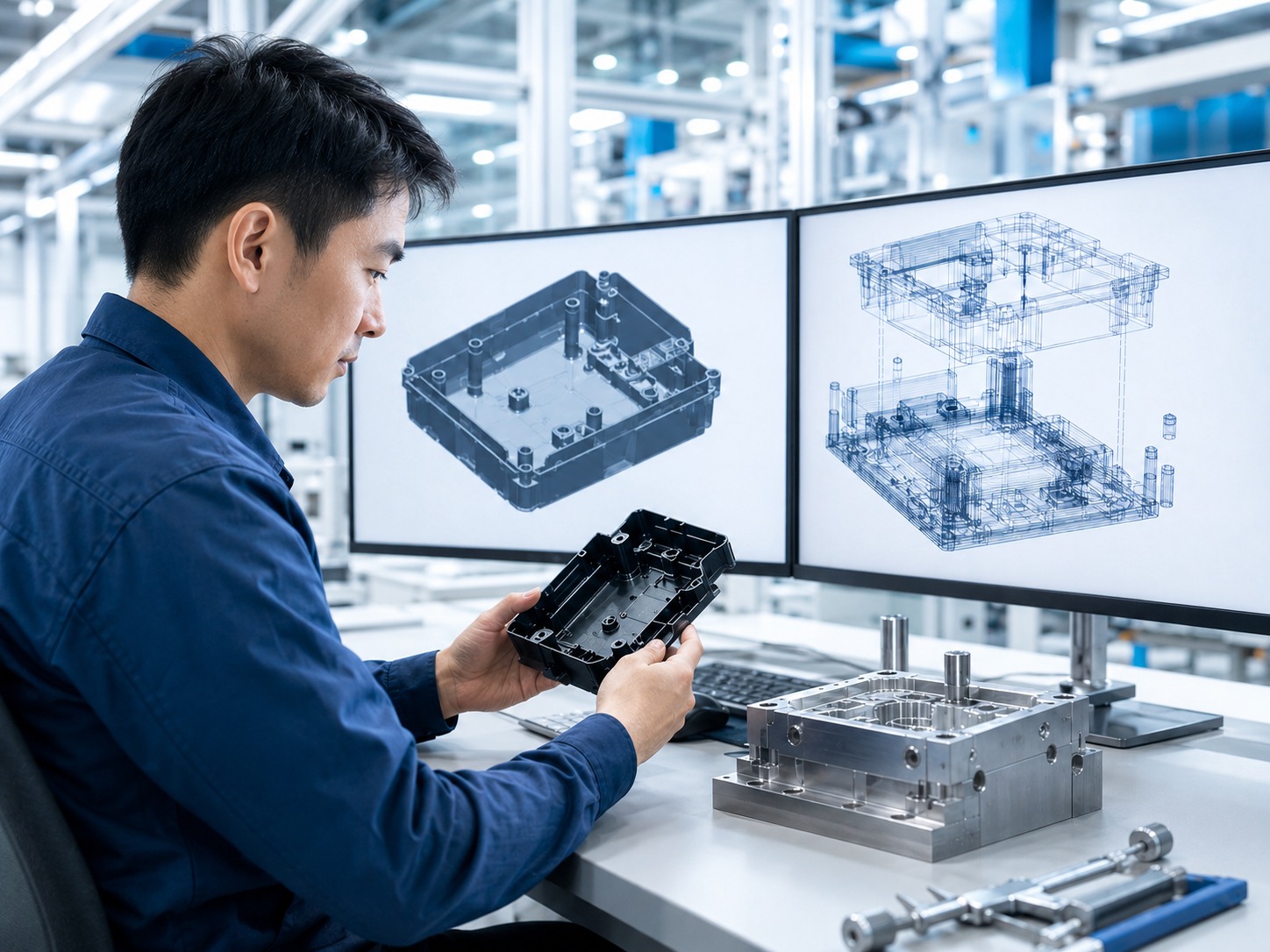 Engineer comparing molded part sample against CAD model and tooling geometry