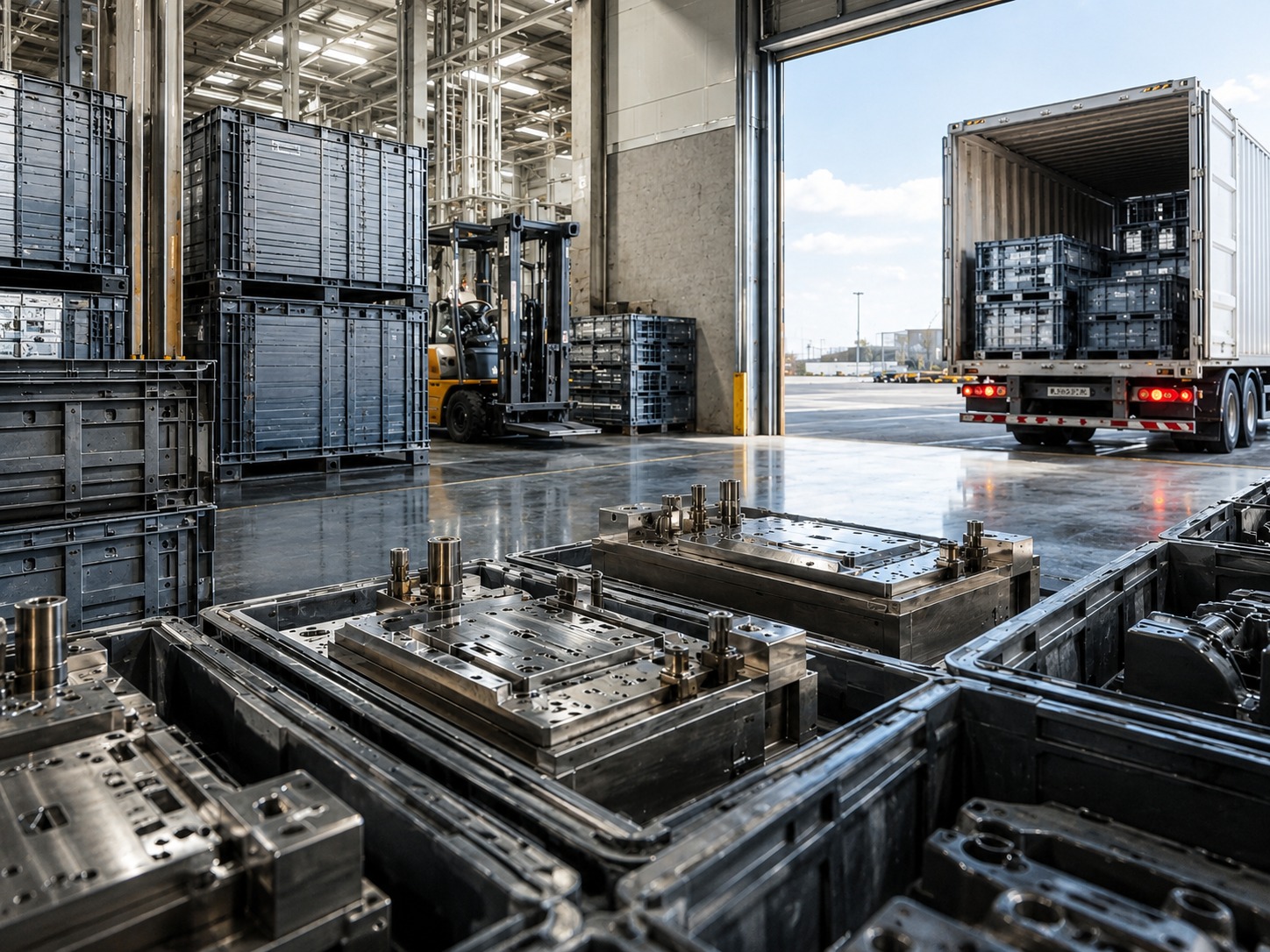 Mould tooling and plastic part crates staged near a loading dock for logistics planning