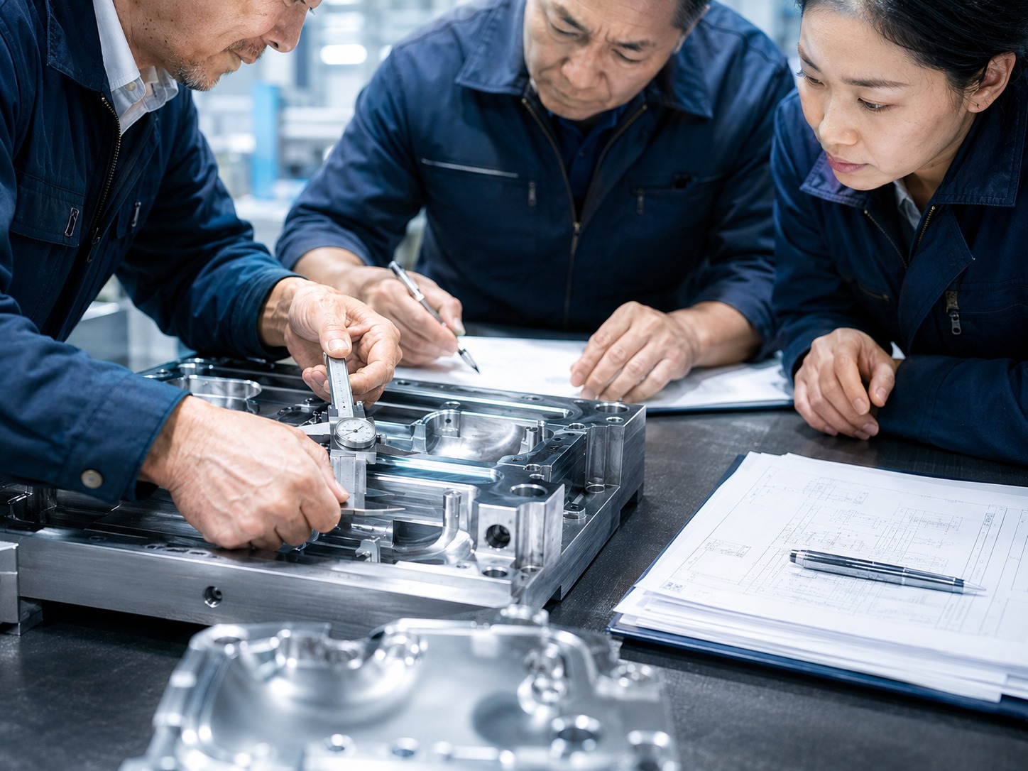 Engineers inspecting polished metal injection mould tooling during manual review