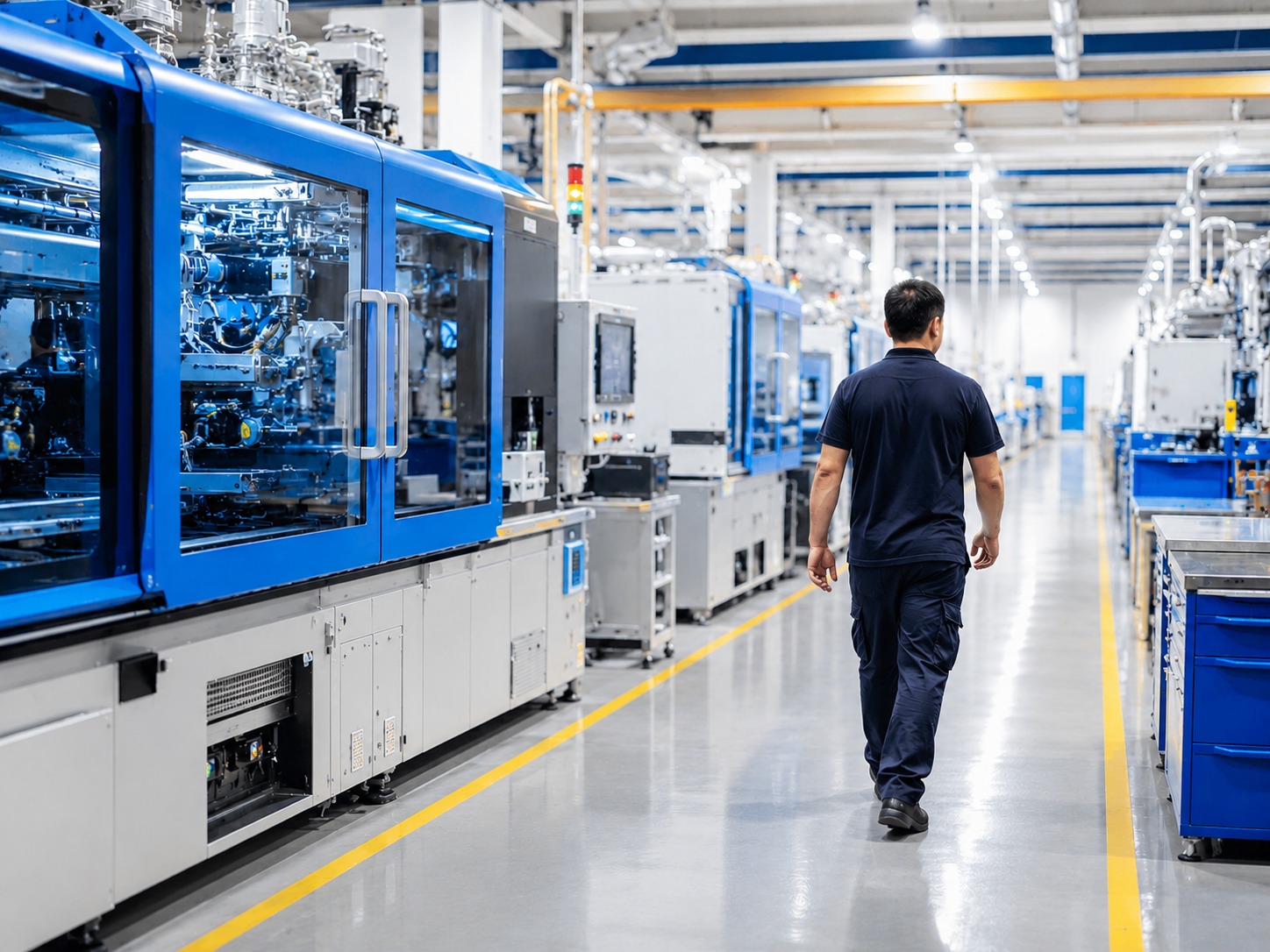 Bright injection moulding production floor with machinery and production path review