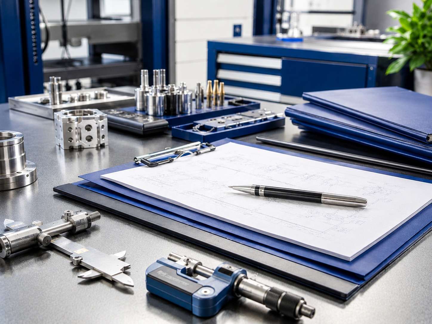 Bright engineering documents and precision tools prepared for quote review