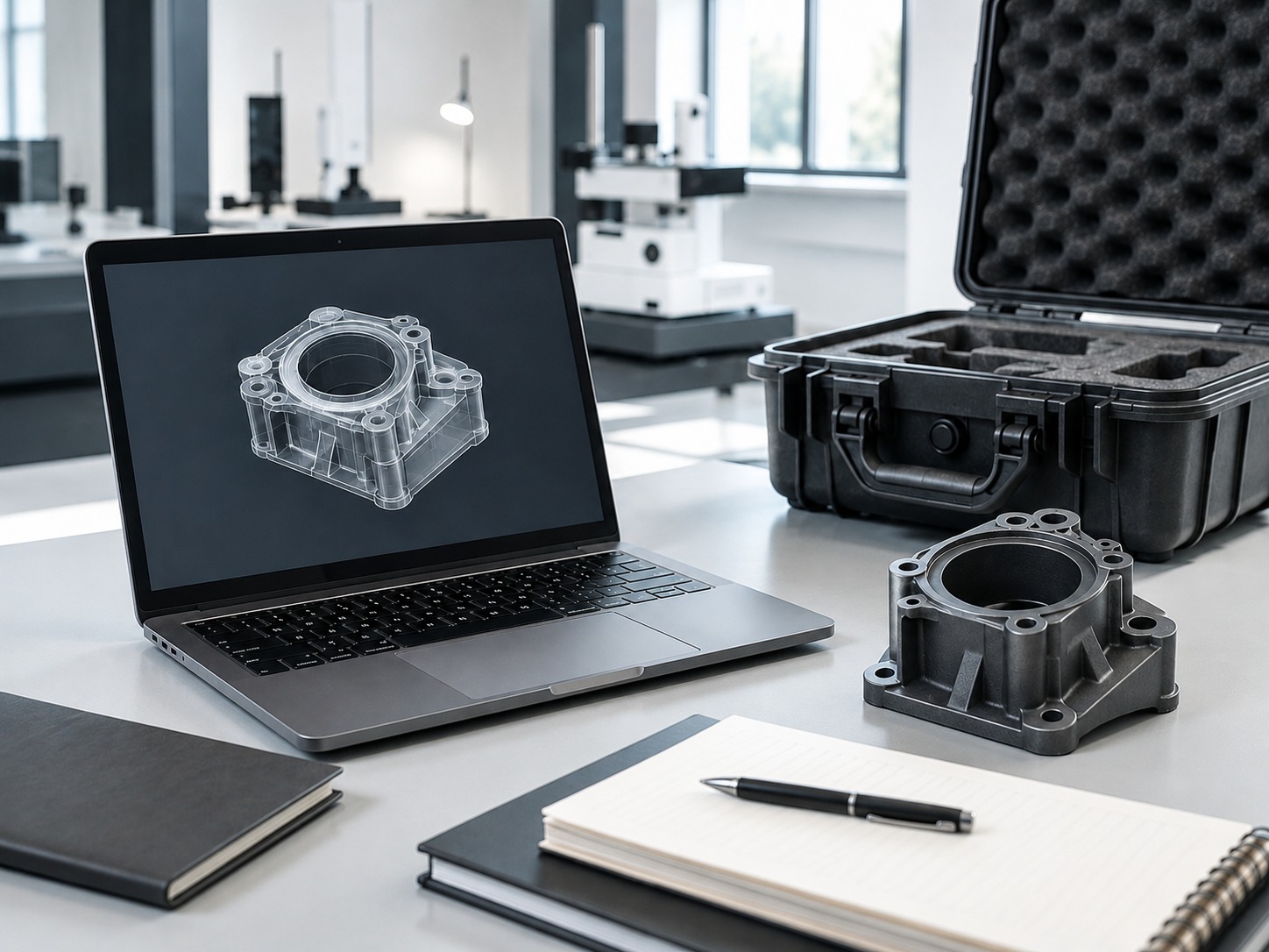 Engineer reviewing CAD model and molded part geometry in a bright high-tech workspace