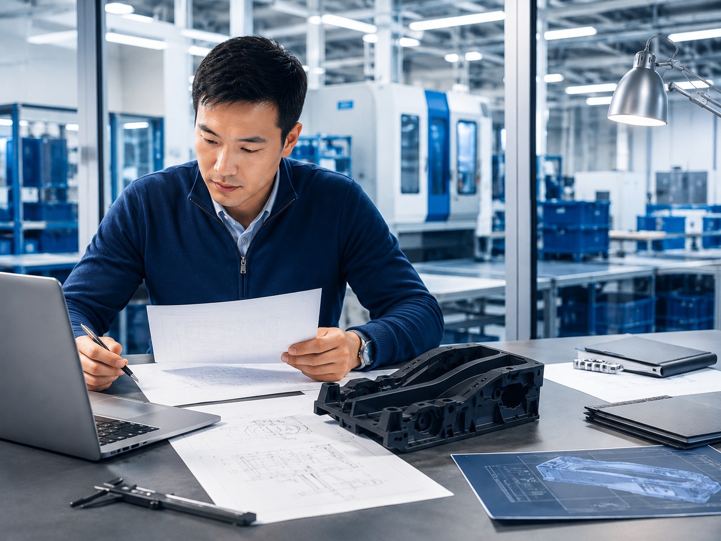 Project reviewer assessing drawings and molded part details at an engineering desk