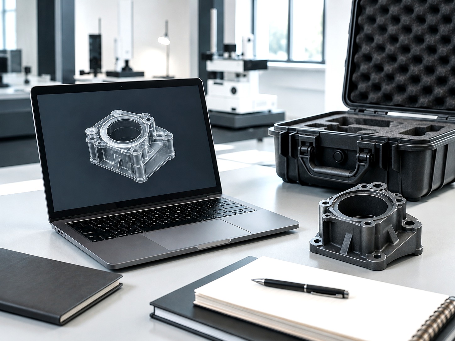 CAD workstation and enclosure-style plastic part concept prepared for manufacturability review