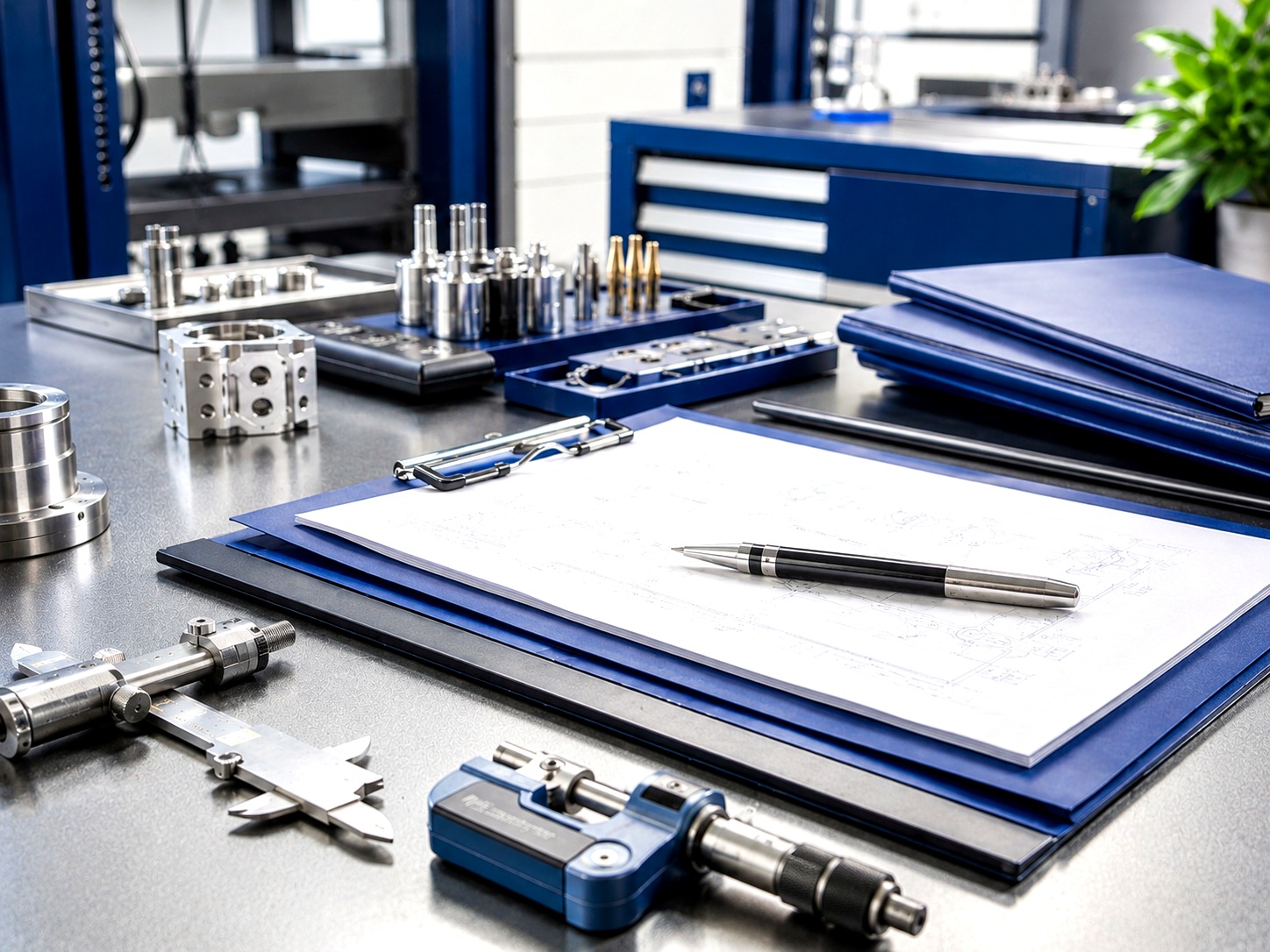 Precision hardware and mechanical part manufacturing details in an industrial workshop