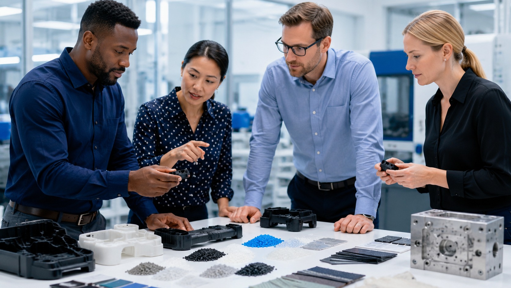 Professional product and service review team comparing injection moulded parts, resin samples, colour chips, finish swatches, and tooling context before selecting the next project path
