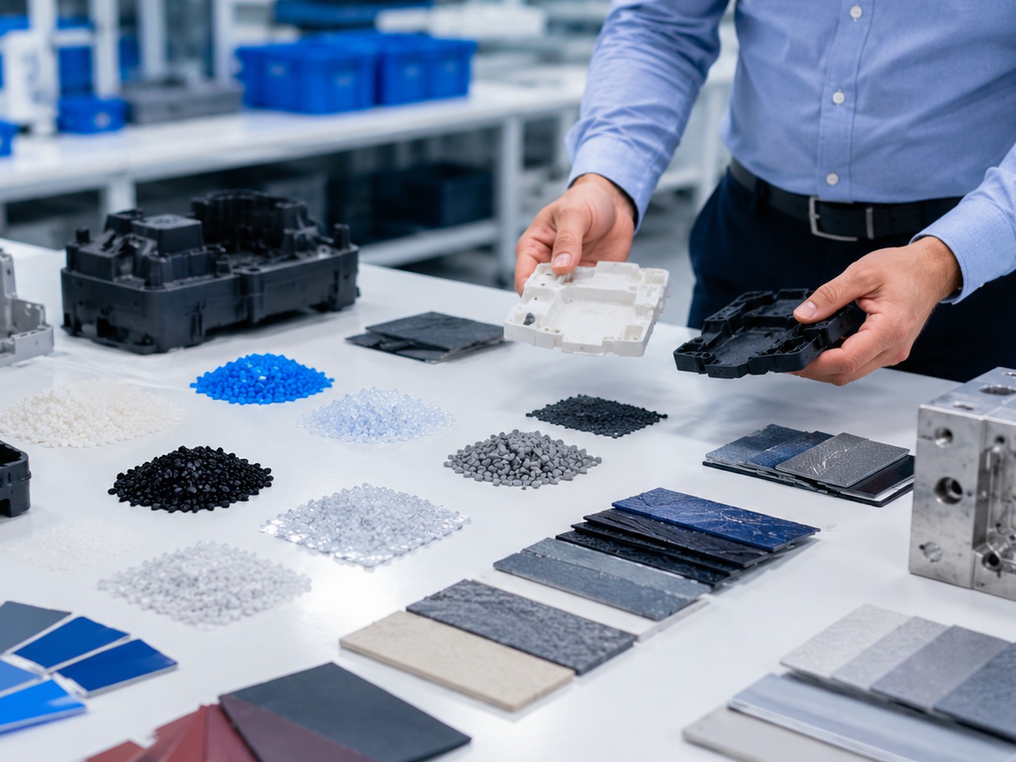 Plastic material swatches, resin pellets, colour samples, and moulded parts arranged for quality and finish review