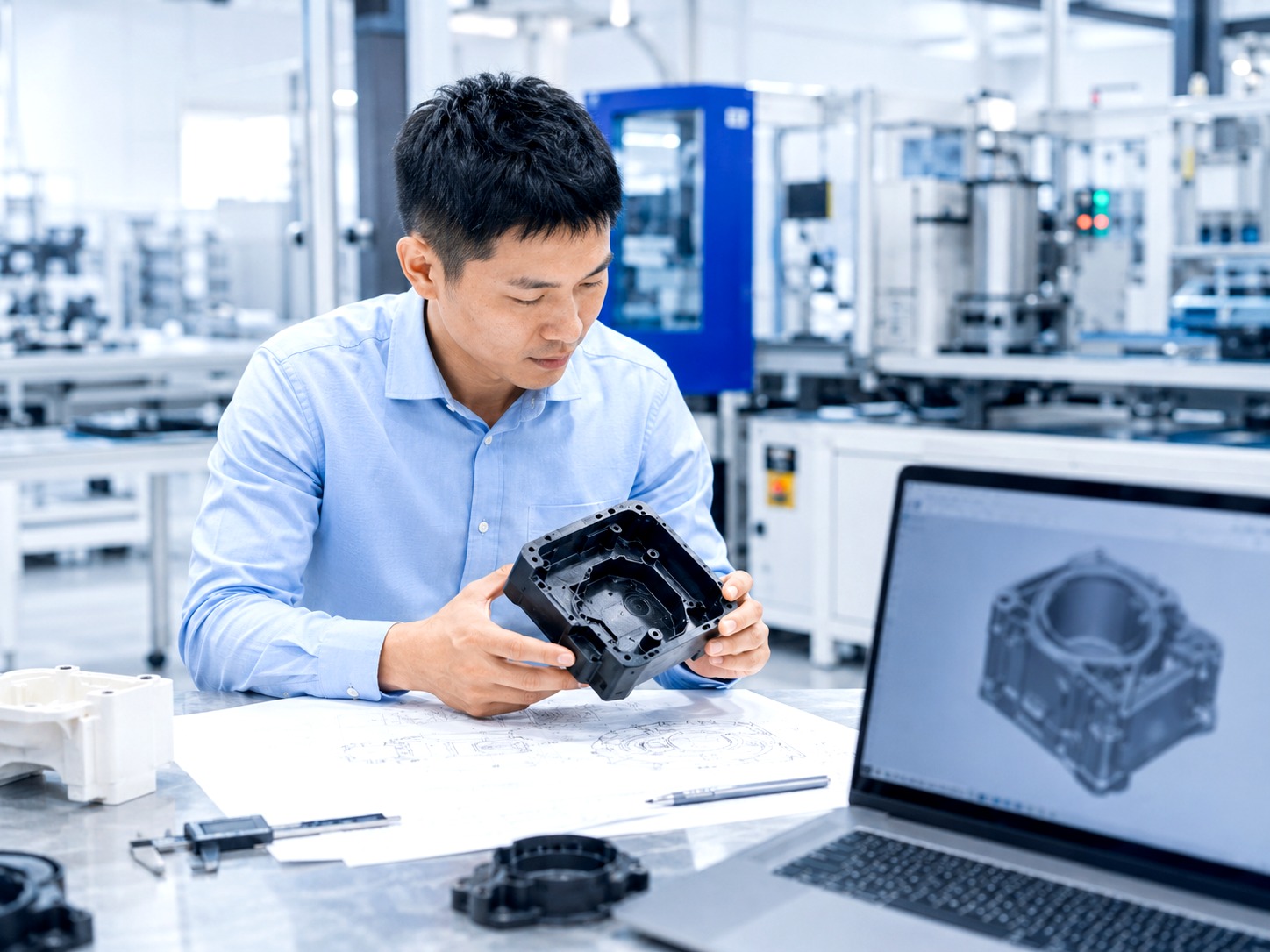 Engineer inspecting moulded part details and production quality context in a bright lab