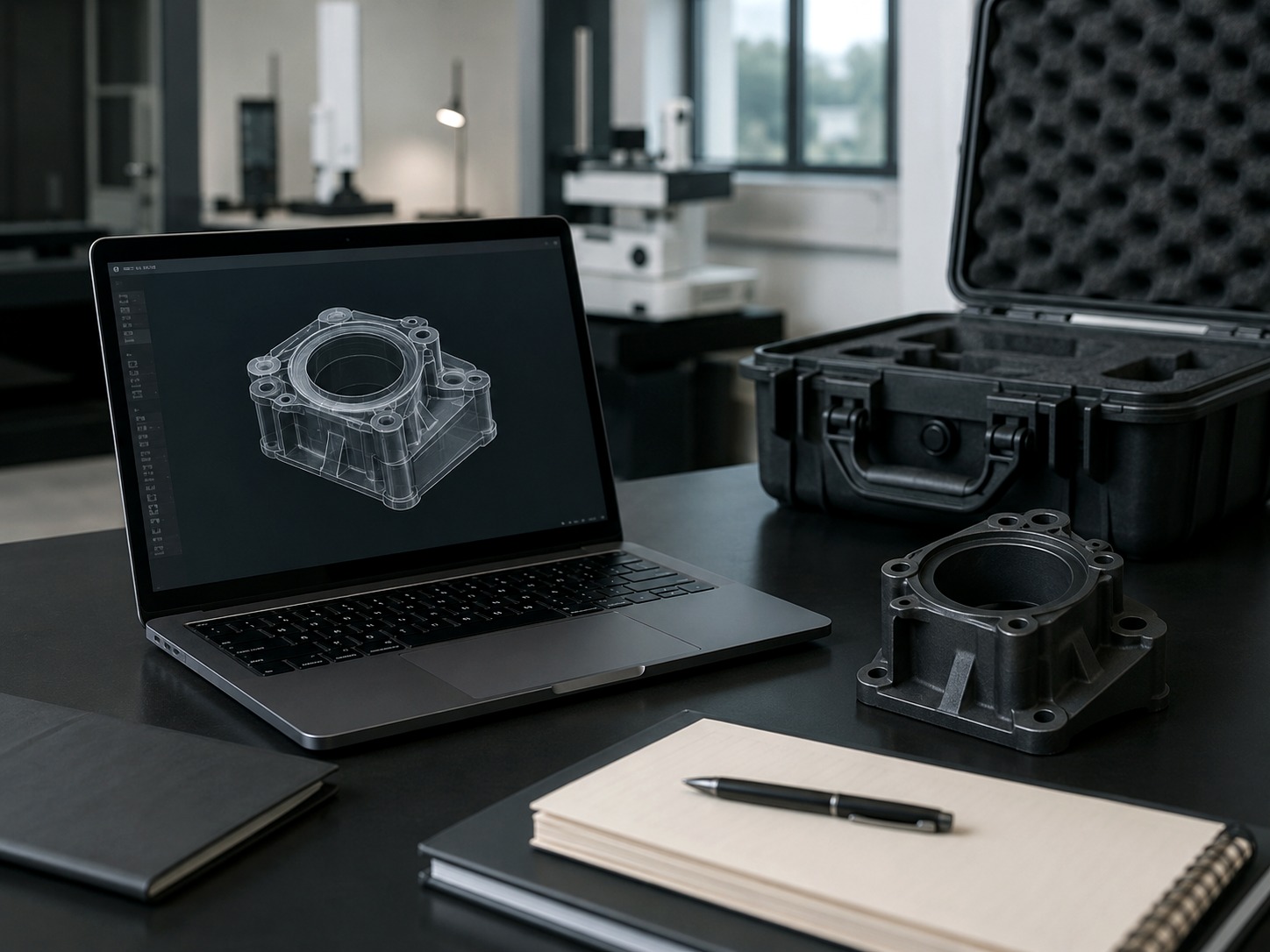 CAD model, moulded part sample, and production documents prepared for plastic parts supply review