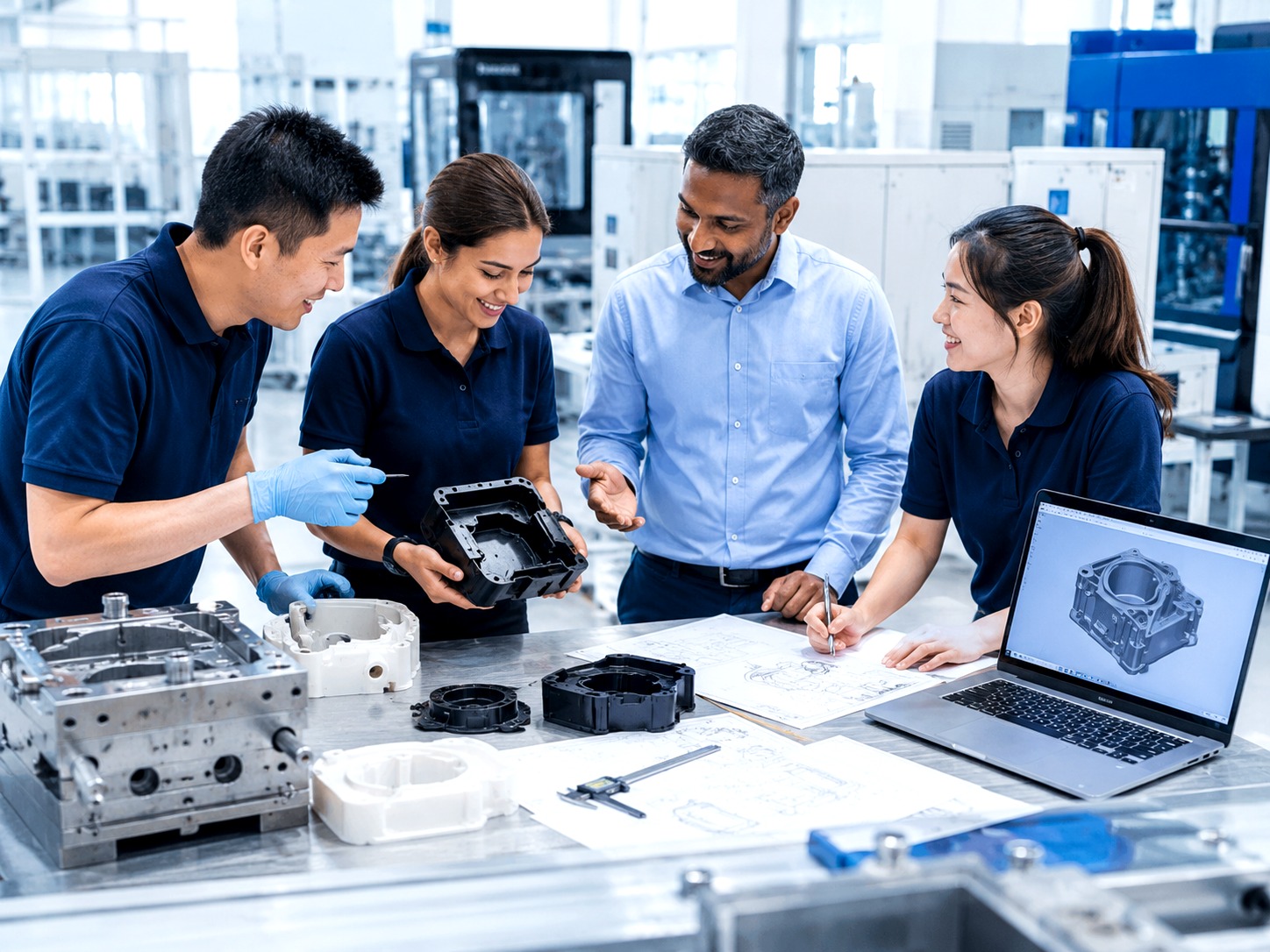 Multi-racial engineering team reviewing process and quality context for injection moulding project handoff