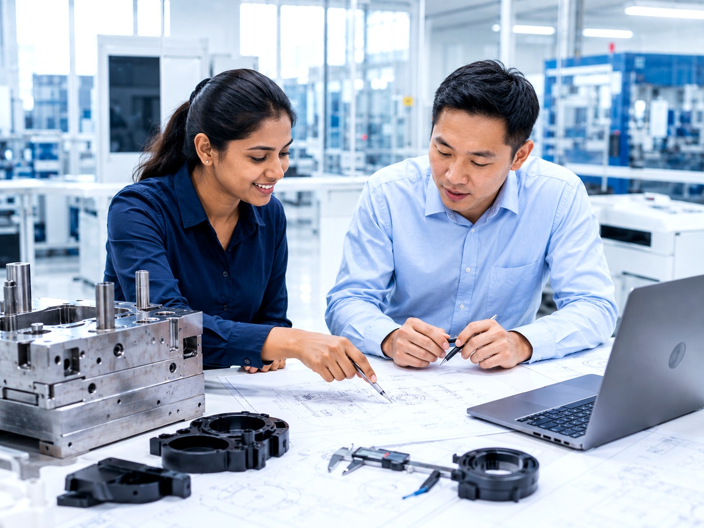 Diverse engineering review team discussing injection moulding process and quality handoff requirements