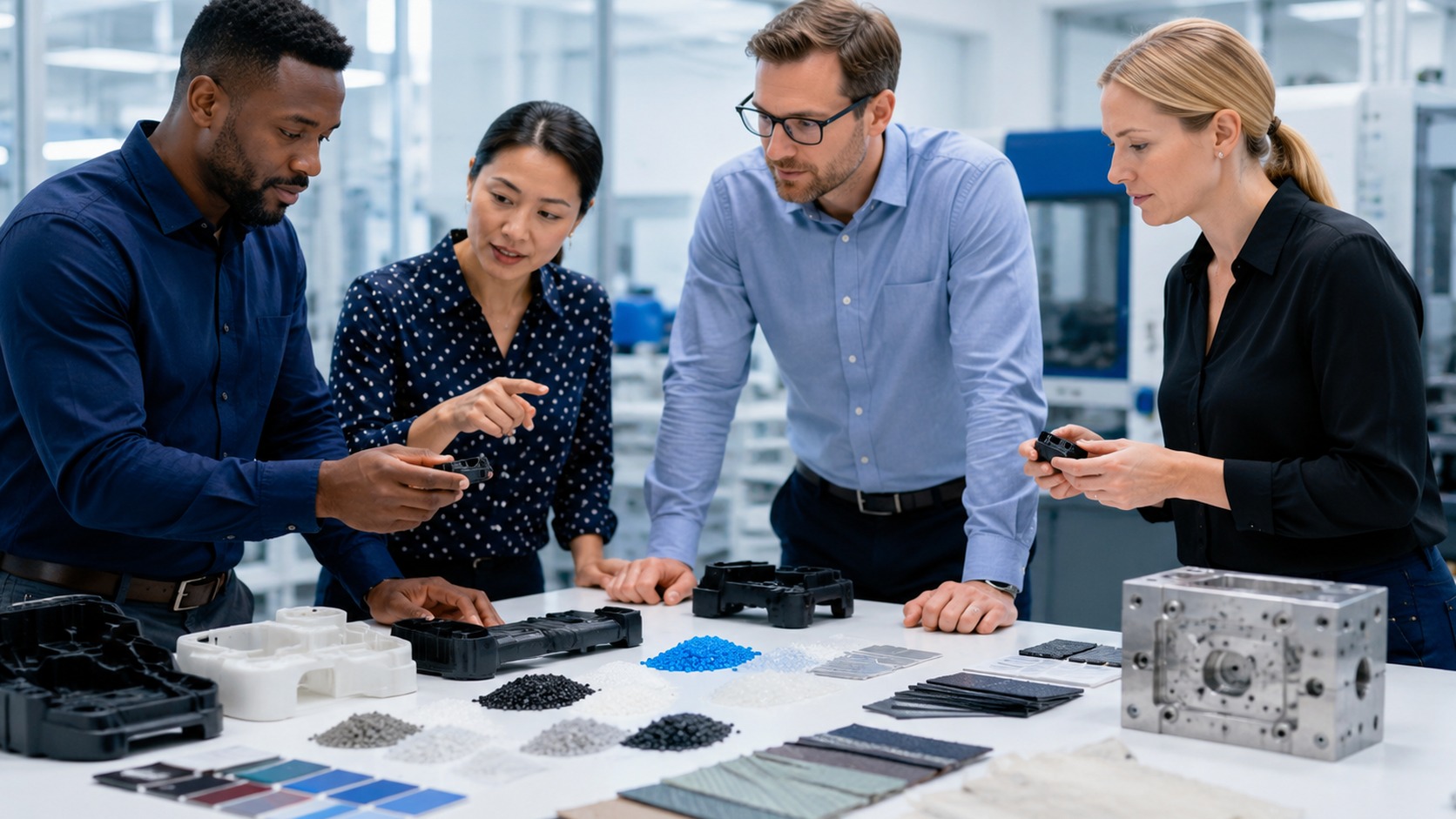 Professional review team comparing injection moulded products, resin samples, material swatches, and tooling details before selecting the next project path