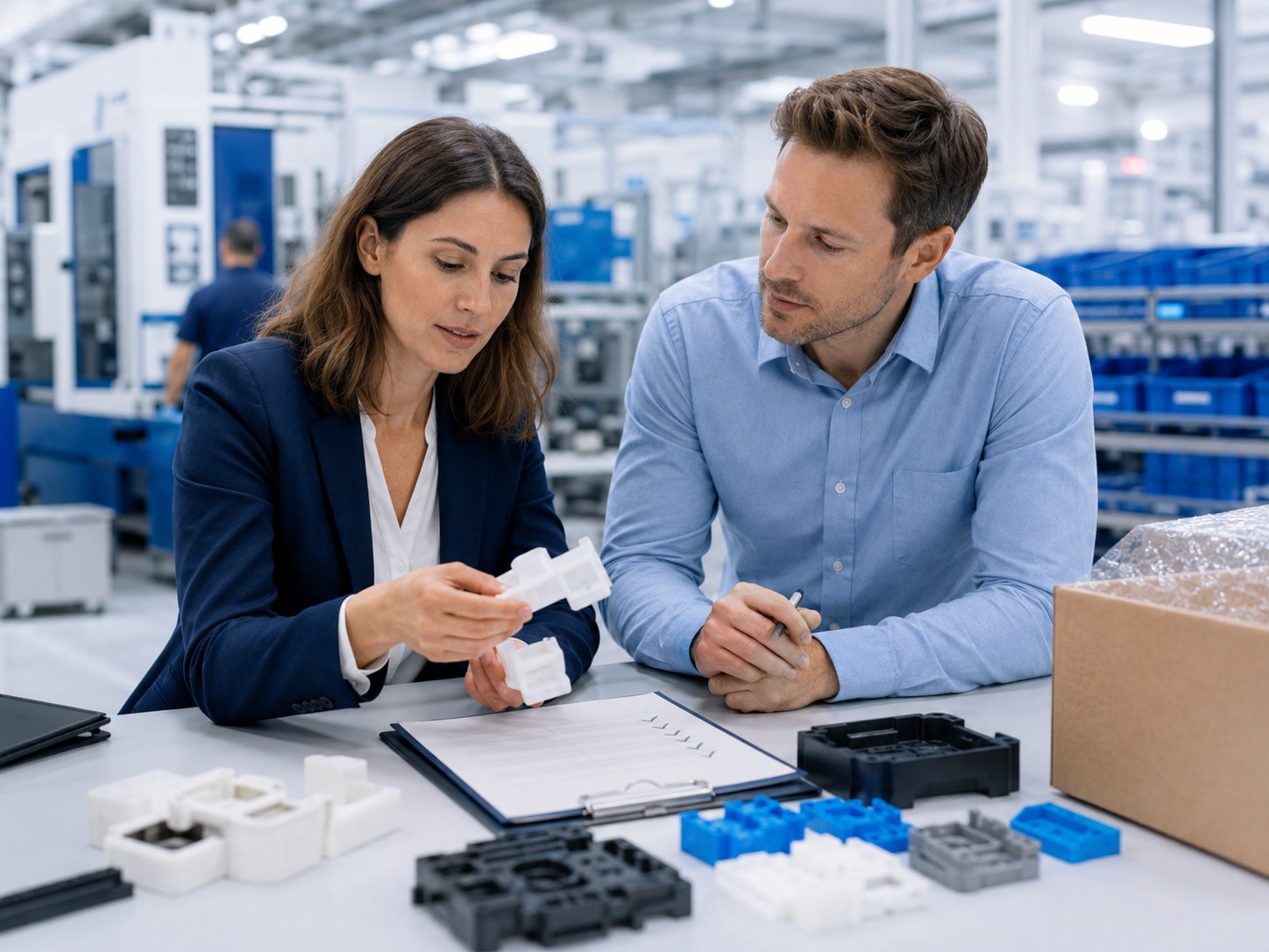 Buyer support professionals inspecting prototype plastic parts, packaging cues, and project notes before injection moulding review