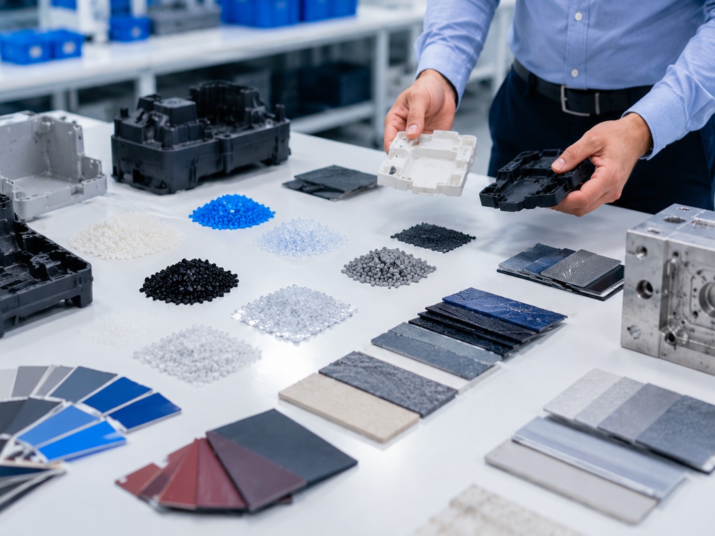 Plastic materials, moulded product samples, resin pellets, and finish swatches arranged for quality and material review