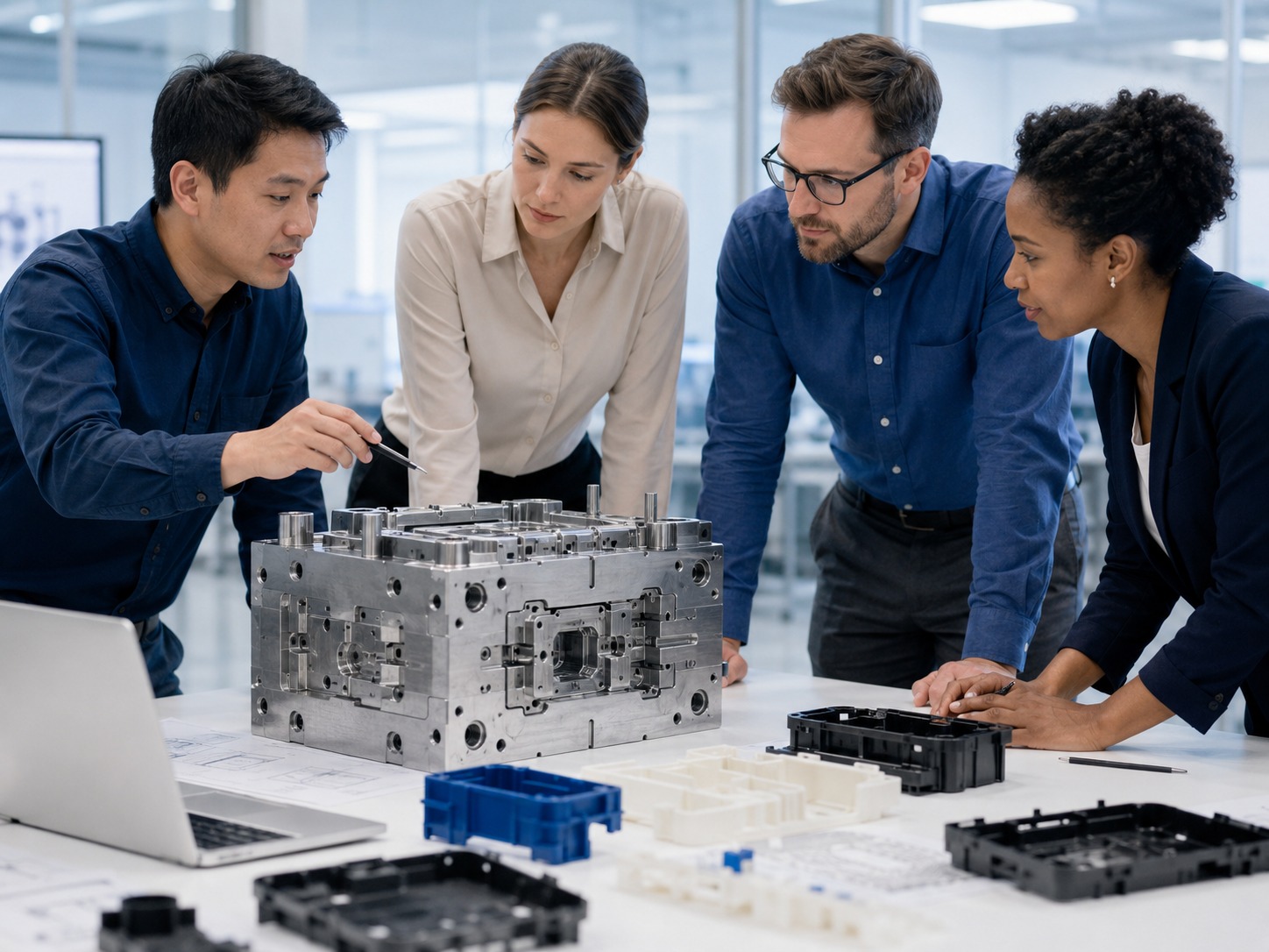 Multi-racial review team discussing metal mould tooling and plastic parts in a bright professional industrial setting