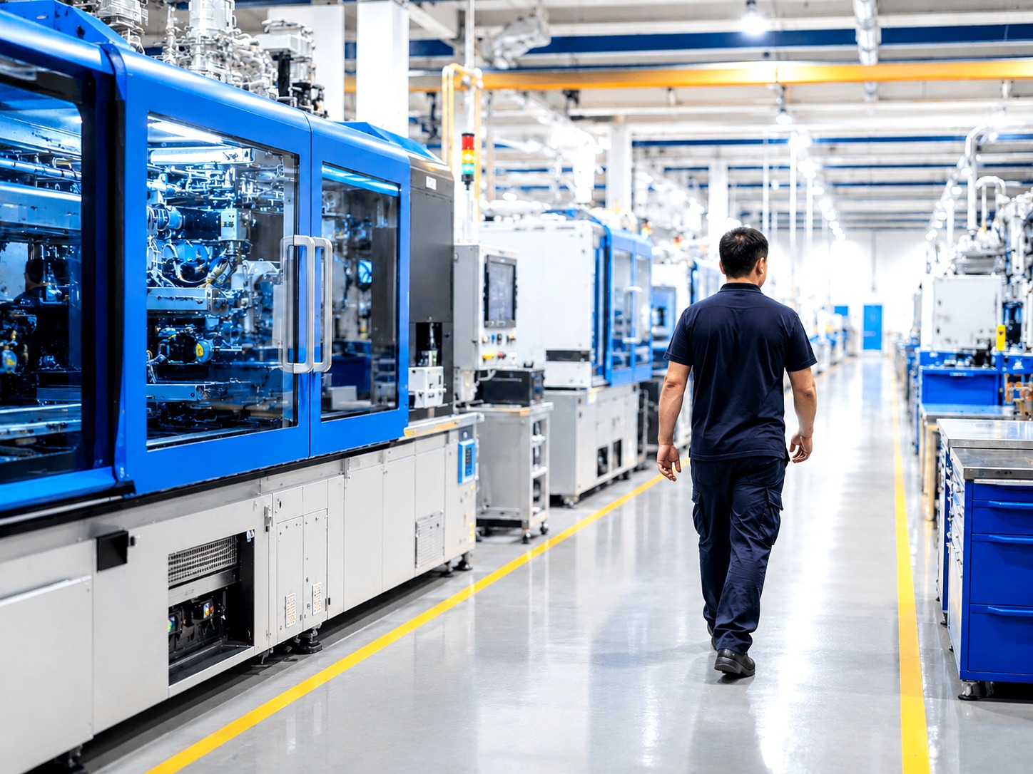Bright injection moulding production floor representing manufacturing review context