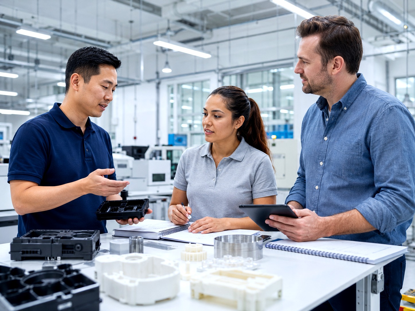 Diverse engineering support team discussing injection moulding questions and buyer next steps