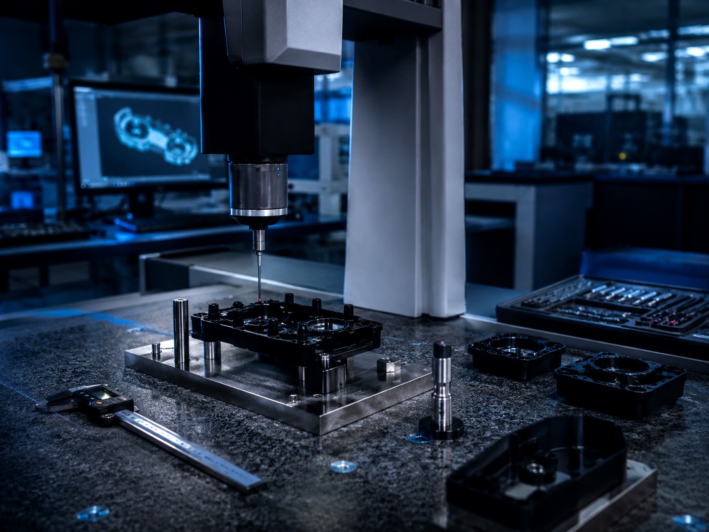 High quality inspection workstation with precision tools and moulded plastic part samples