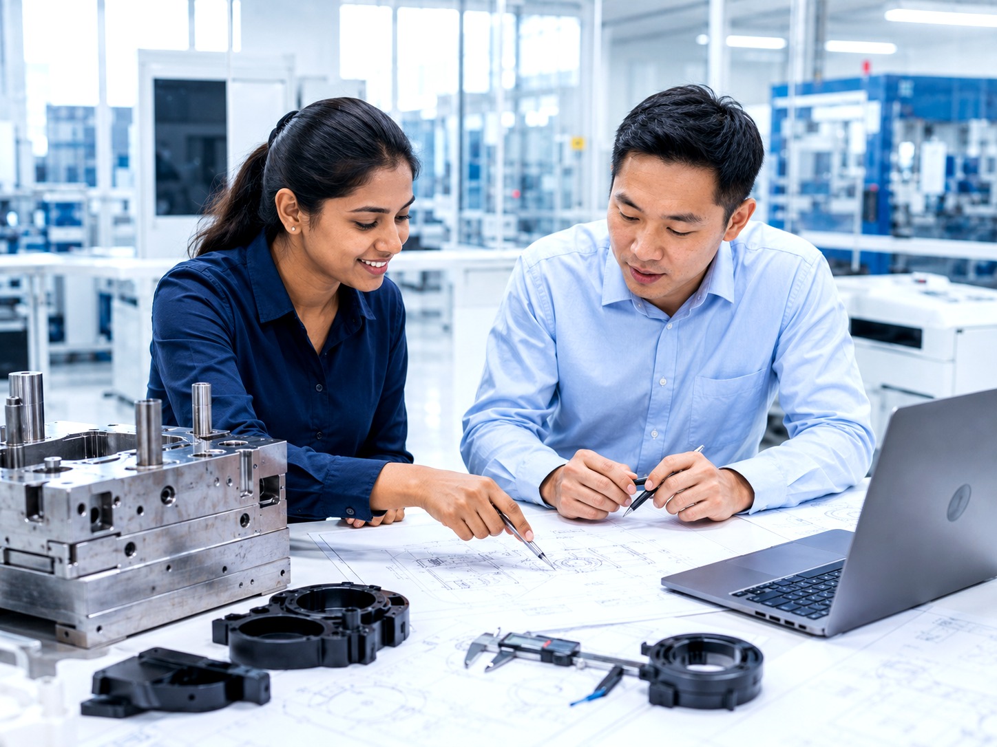 Multi-racial engineering team reviewing moulded plastic parts and project readiness information