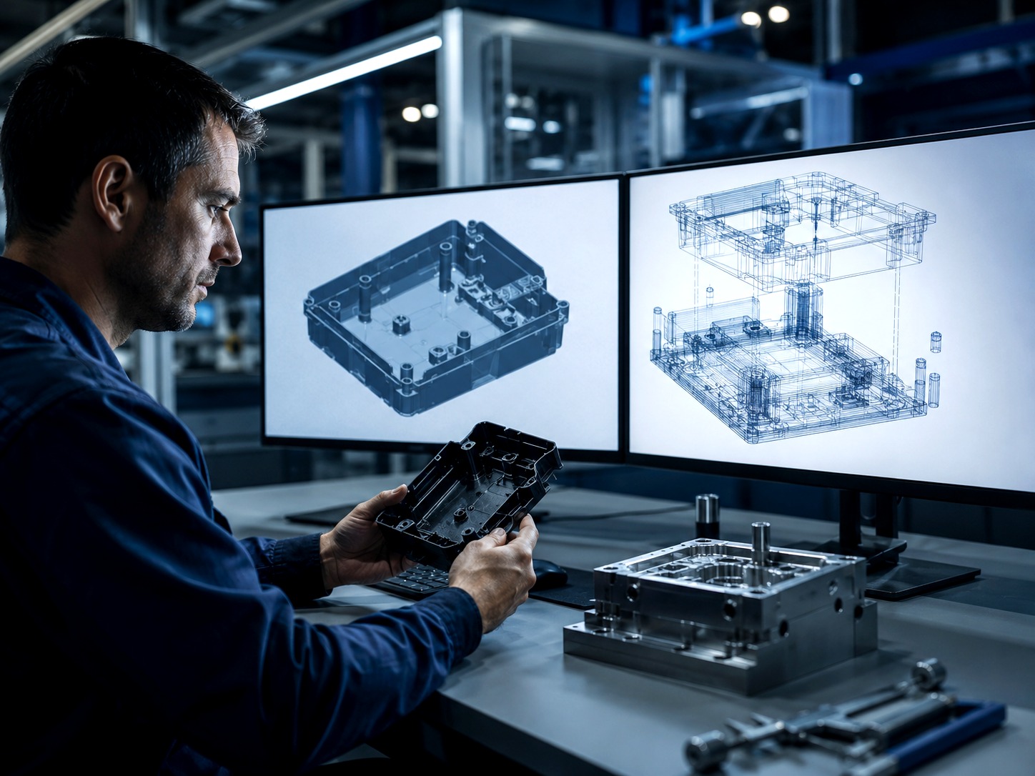 Engineer reviewing confidential project files in a secure high-tech lab environment