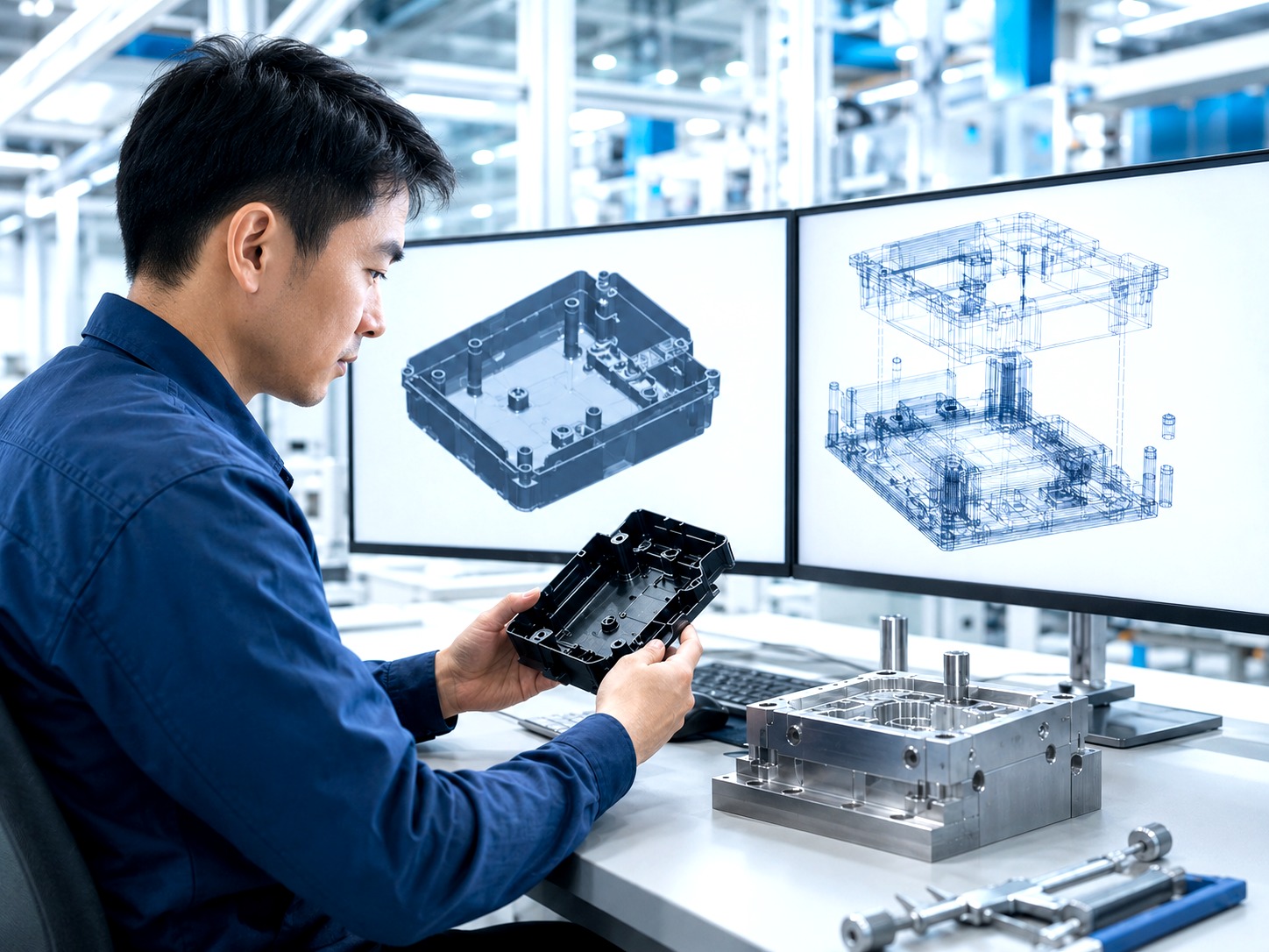 Engineer reviewing CAD model and sample part in a bright technical workspace
