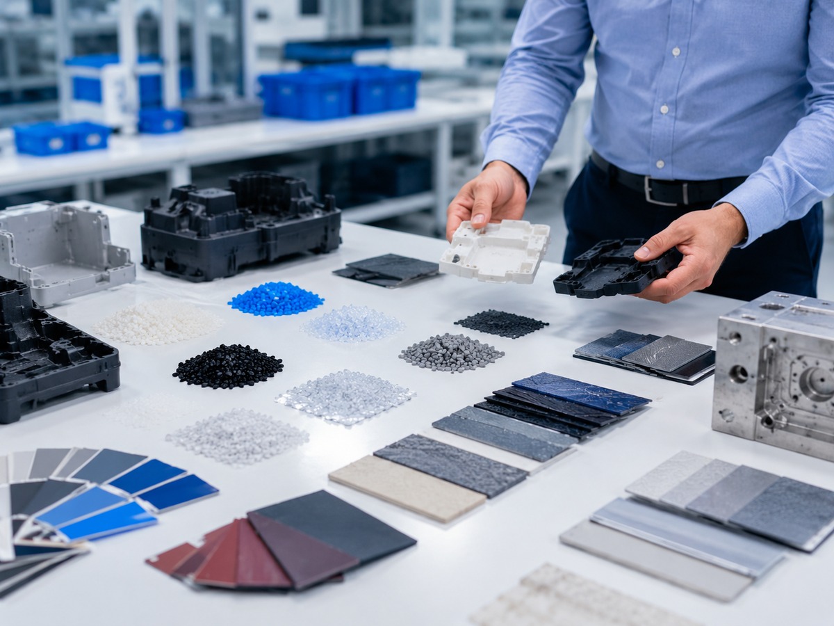Clean review table with moulded parts, material samples, and tooling context